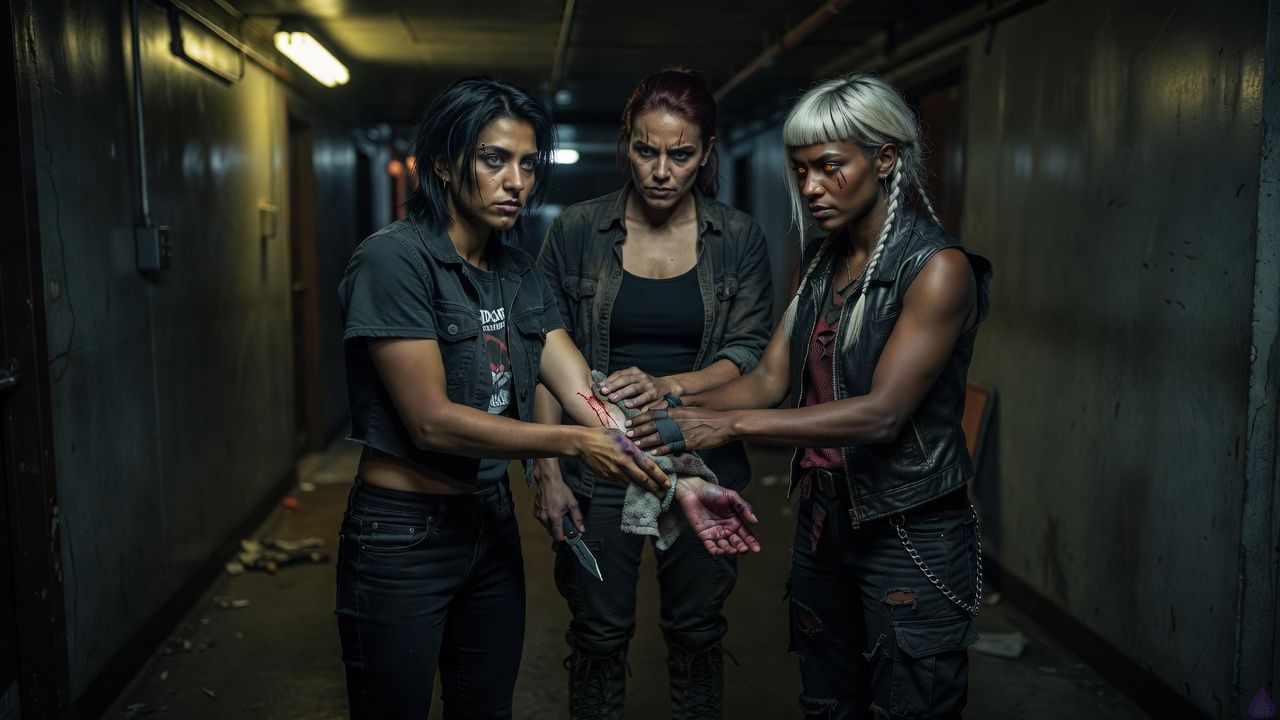 In a narrow back hall of an underground hardcore venue, Jasper and Riven Sable stand under flickering yellow fluorescent light while Mara Quell supervises with a stern, practical expression. Riven has just made a shallow cut on Jasper’s forearm with a knife, and Mara is wrapping the wound with a towel, careful and authoritative. Jasper’s black choppy bob, smoky gray eyes, olive-brown skin, faded black band T-shirt, cropped charcoal denim jacket, slim black jeans, and bruised knuckles are visible; Riven’s platinum wolf cut with black roots, amber eyes, deep mahogany skin, red mesh top under a sleeveless black leather vest, distressed cargo pants, steel-toe boots, and taped fingers are visible; Mara’s auburn braid, red scarf, tattooed forearms, black button-down shirt, and calm intensity are visible. The mood is tense but intimate, with violence transformed into honesty, the corridor cluttered with cinderblock walls, peeling posters, exposed pipes, and distant bass vibration from the main room. Body language should show Riven touching Jasper’s wrist with a searching, vulnerable gesture while Jasper leans in close, and Mara stands nearby as the grounded authority. Cinematic realism, moody shadows, sweat, blood only as a small controlled cut, underground concert atmosphere, emotional resolution, no explicit nudity.