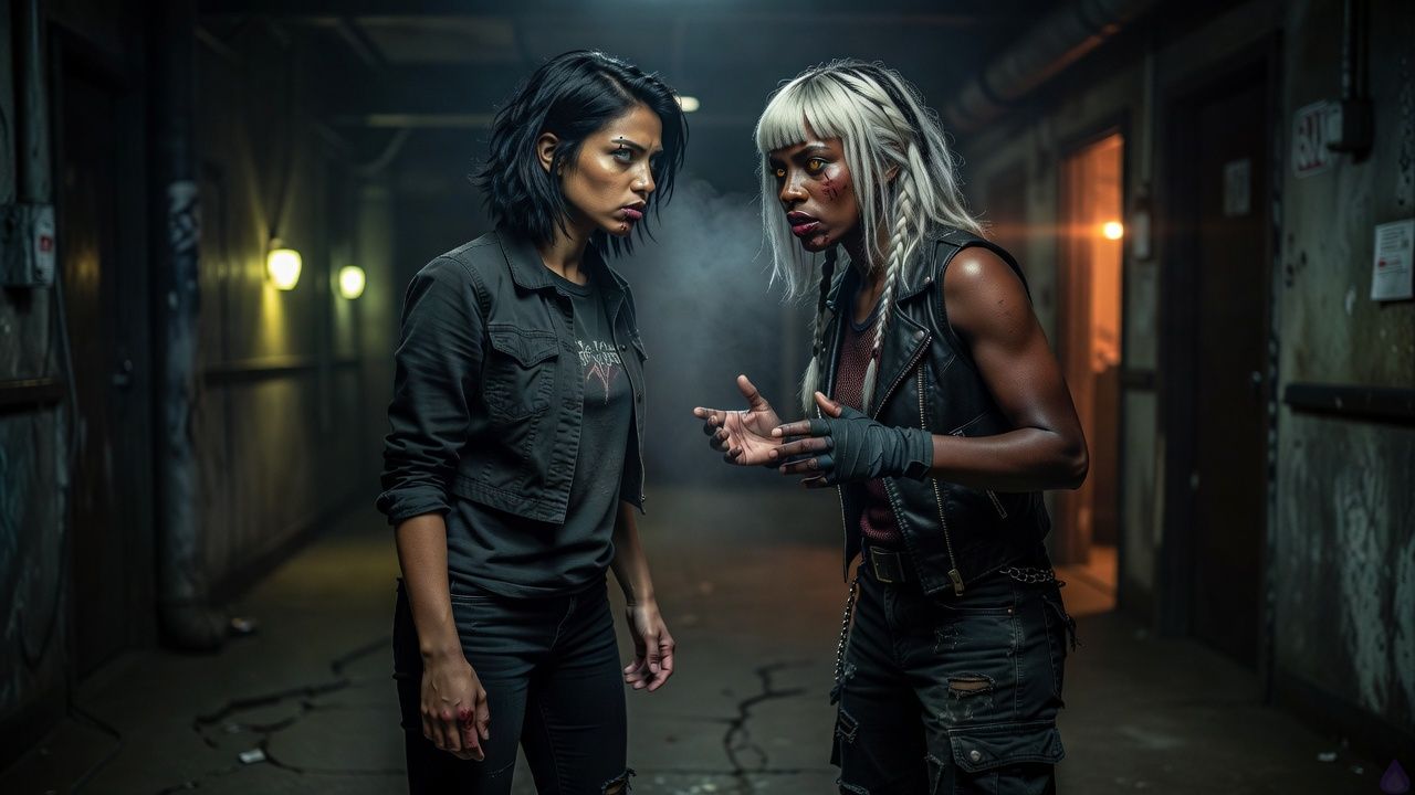 A dim back hall behind an underground hardcore venue, lit by flickering yellow industrial lights and the glow leaking from a doorway to the main room. Jasper, androgynous with an ink-black chin-length bob, smoky gray eyes, warm olive-brown skin, a faded black band T-shirt, cropped charcoal denim jacket, slim black jeans, scuffed combat boots, and bruised knuckles, stands face to face with Riven Sable. Riven is a compact athletic woman with bleached platinum hair and black roots in a messy wolf cut, amber-brown eyes, deep mahogany skin, a sleeveless black leather vest over a red mesh top, distressed black cargo pants, steel-toe boots, and black tape wrapped around two fingers. Her split lip and jaw show fresh red bruising from a recent hit. The tension is romantic and combative, with charged body language, close proximity, clenched hands, and the sense of a private ritual. Mara Quell stands a few steps away, tall and broad-shouldered with auburn braid, green eyes, freckles, tattooed forearms, and a red scarf, watching sternly with a towel and flashlight, enforcing boundaries. Industrial walls, peeling posters, pipes, and a crate complete the gritty backstage setting.