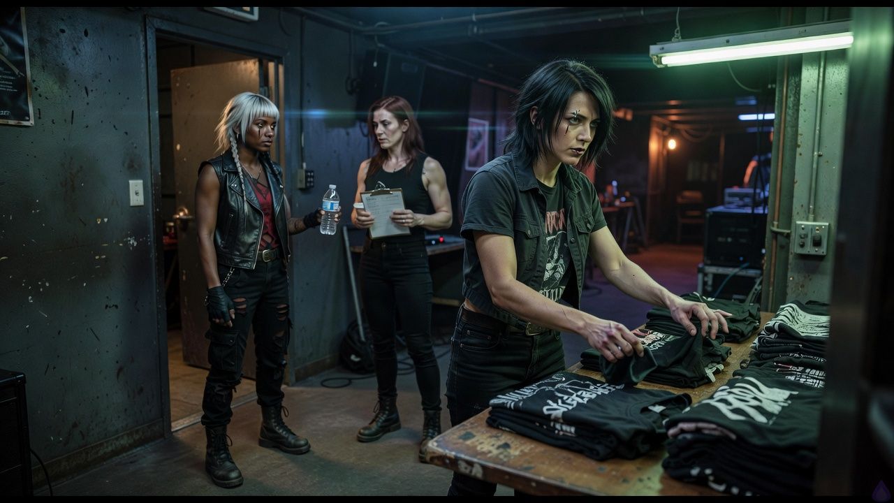 Inside a gritty underground hardcore venue before a show, Jasper stands at a merch table under harsh fluorescent light, and Riven Sable waits in the doorway of the back hall holding a water bottle out like a half-truce. The room is crowded with cables, folding tables, stacked speaker cabinets, and blurred concertgoers in dark clothes. Jasper has an androgynous look, ink black chin-length choppy layered bob with one side tucked behind the ear, smoky gray eyes, warm olive-brown skin, lean fit build, a faded black band T-shirt under a cropped charcoal denim jacket, slim black jeans, and scuffed combat boots. Riven has bleached platinum hair with black roots in a messy wolf cut, blunt fringe, two thin braids, amber brown eyes, deep mahogany skin, compact athletic build, a sleeveless black leather vest over a red mesh top, distressed black cargo pants, steel-toe boots, a chain at her hip, and black electrical-tape bands on two fingers. Mara Quell stands nearby in a sleeveless black button-down, charcoal trousers, and red scarf, watching them with sharp, knowing authority. Mood is tense, intimate, and charged, with anticipation hanging in the air, moody stage spill and fluorescent light mixed together, body language showing attraction disguised as confrontation.