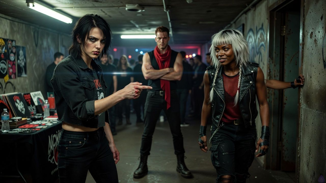 Inside a dim underground hardcore venue, Jasper stands at a merch table under harsh fluorescent light, black bob and bruised knuckles visible, one finger curled in a deliberate challenge toward Riven Sable. Riven, in a black leather vest over a red mesh top with platinum wolf-cut hair and amber eyes, has just started walking toward Jasper with tense, controlled intensity. Mara Quell steps in from the side in a sleeveless black shirt and red scarf, posture firm and authoritative, clearly intervening to keep the exchange contained. The room is crowded with cables, stacked band shirts, concrete floors, and looming stage equipment, lit by a mix of fluorescent spill and moody stage glow. The atmosphere is charged, intimate, and dangerous in a restrained way, with body language showing attraction held inside a near-fight. Cinematic realism, high detail, gritty textures, dramatic shadows, strong facial expressions.