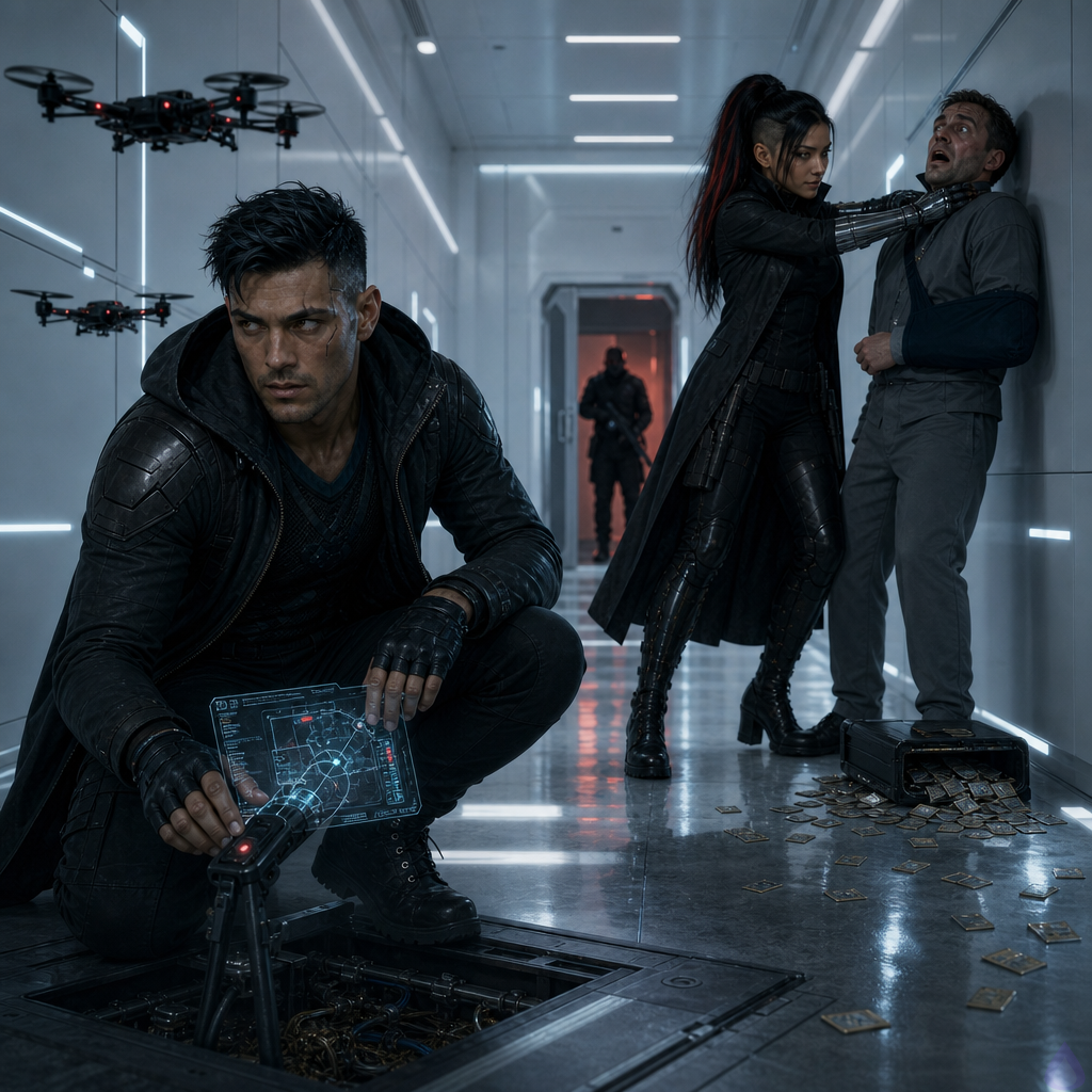 A tense cyberpunk corporate corridor inside a sterile biotech archive in 2085, white antiseptic walls, recessed camera domes, cold strip lighting, spilled memory wafers on the floor glowing faintly, a gaunt corporate archive liaison pinned by a cybernetic street samurai woman in a black tactical coat, while a lean male decker in an armored hooded jacket crouches near a maintenance hatch with a glowing deck and drone-assisted holographic map. At the far end an emergency door is half open with a black armored corporate security silhouette and rifle in the gap. Moody blue-white lighting, high tension, motion blur, reflections on polished tile, anxious expressions, sleek sci-fi realism.