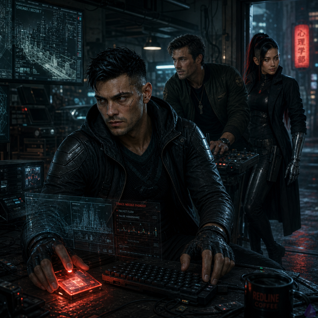 Inside a dim neo-noir garage hideout in 2085 Chicago, a lean male decker with ink-black undercut hair, electric hazel eyes, and a dark armored hooded jacket works a glowing data shard on a cluttered workbench. Nearby, a broad-shouldered drone rigger in a patched bomber jacket watches tense drone feeds, while a cyber-enhanced street samurai woman stands in the doorway in a black tactical coat with dual pistols, calm but alert. Red corporate warning light from the shard reflects on their faces and tools, overhead garage lamps flicker, holo maps and security diagrams float above the bench, and a corporate iris logo glows on nearby monitors. Mood is tense, investigative, and high-tech, with body language showing urgency, trust, and looming danger.