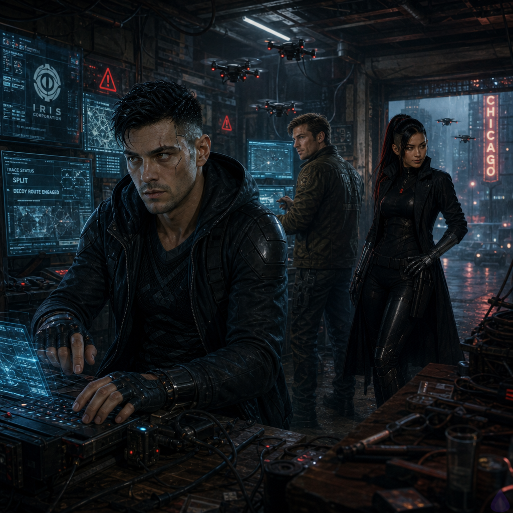 Inside a dim cyberpunk garage hideout in 2085 Chicago, a lean male decker with ink-black undercut hair and electric hazel eyes stands at a cluttered workstation in a dark armored hooded jacket, hands over a compact keyboard and hacking deck. Beside him, a broad-shouldered drone rigger in a patched bomber jacket watches a wall of holographic drone feeds with tense focus, while a cyber-enhanced street samurai in a black tactical coat stands near the doorway, protective and alert, one hand near holstered pistols. The room glows with flickering neon blue, red warning icons, and corporate iris logos on multiple monitors. Microdrones hover near the ceiling, streaming false signal trails into the city outside. Mood is tense, strategic, and urgent, with dramatic side lighting, reflective metal surfaces, and a sense of imminent pursuit.