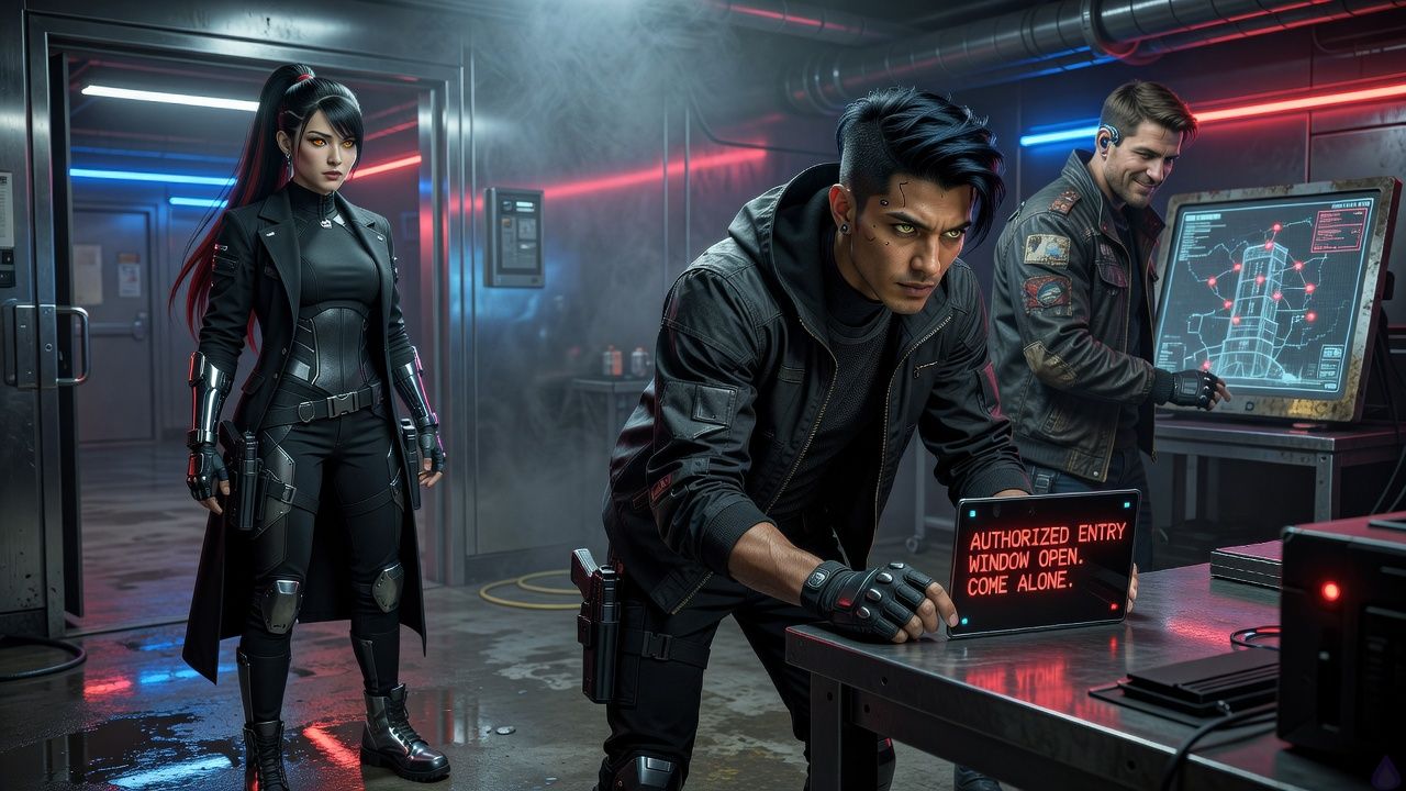 A neon-lit underground garage in 2085 Chicago, with a gritty cyberpunk mood. Marcus Foxglove, a lean male decker with ink-black undercut hair, electric hazel eyes, a dark armored hooded jacket, tactical mesh shirt, fingerless gloves, and reflective boots, stands beside a workbench covered in holographic data and tools. Angela Akane, an athletic cyber-enhanced woman with a long sleek black ponytail accented crimson, amber eyes, chromed forearms, and a black tactical coat, watches him with calm concern from the doorway. Doug Parsons, a broad-shouldered drone rigger in a patched bomber jacket, leans over a holo display near a battered antique car part. Ozone haze, oil stains, blue-red neon reflections, tense body language, corporate intrigue, intimate emotional tension without kissing, cinematic composition, sharp lighting, high detail.