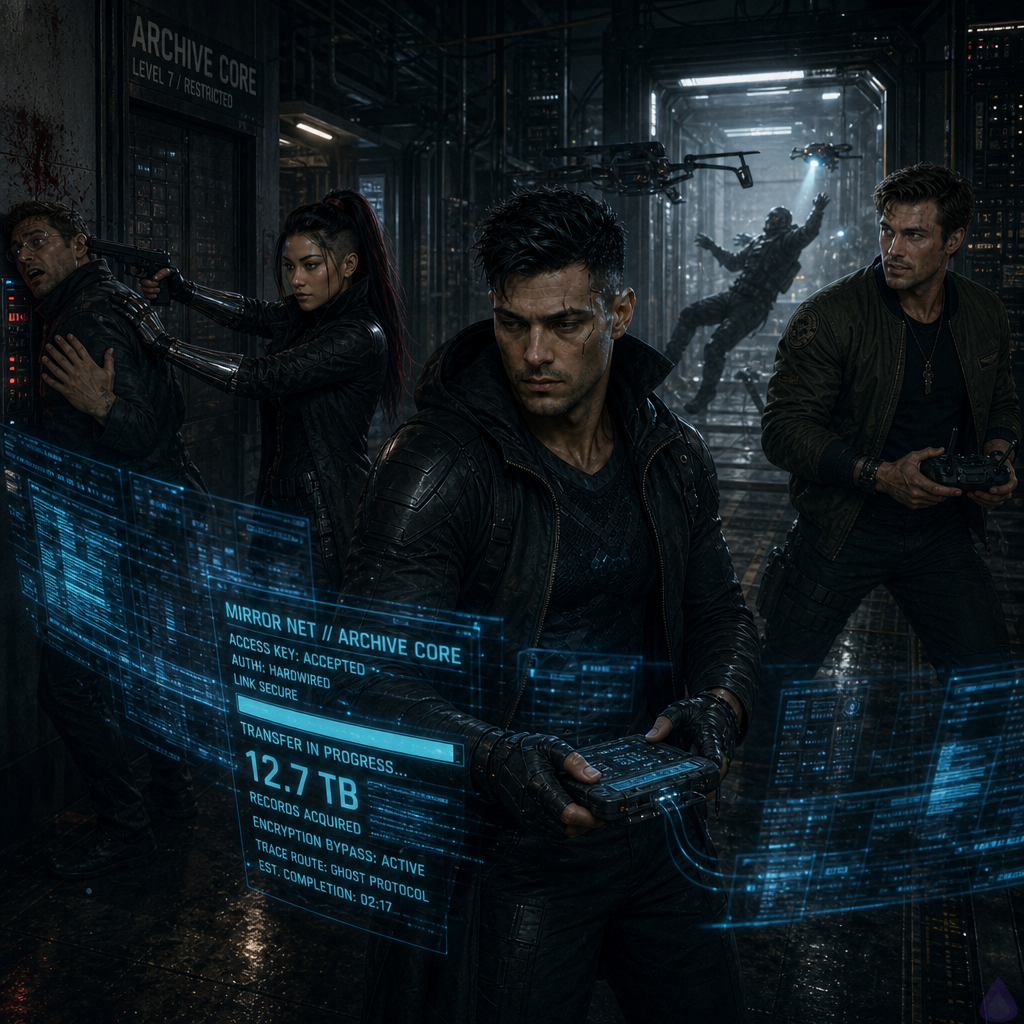 A tense sci-fi corporate archive corridor inside a sterile biotech facility at night, with white antiseptic walls, glowing strip lights, open memory vaults, and data cylinders. Marcus Foxglove stands at the center in a dark armored hooded jacket, focused and battle-ready, his deck glowing in his hands. Doug Parsons is nearby at drone controls, watching tactical feeds, while Angela Akane pins a frightened archive liaison against the wall with one arm and a calm, lethal expression. At the far doorway, a black corporate security figure has just been shot and is falling backward. The atmosphere is urgent and resolved, with scattered memory wafers on the floor, red alarms beginning to flare, and streams of stolen records visible on translucent holographic screens. Cinematic lighting, sharp shadows, high-tech realism, medium intensity, no explicit violence gore, strong sense of triumph under pressure.