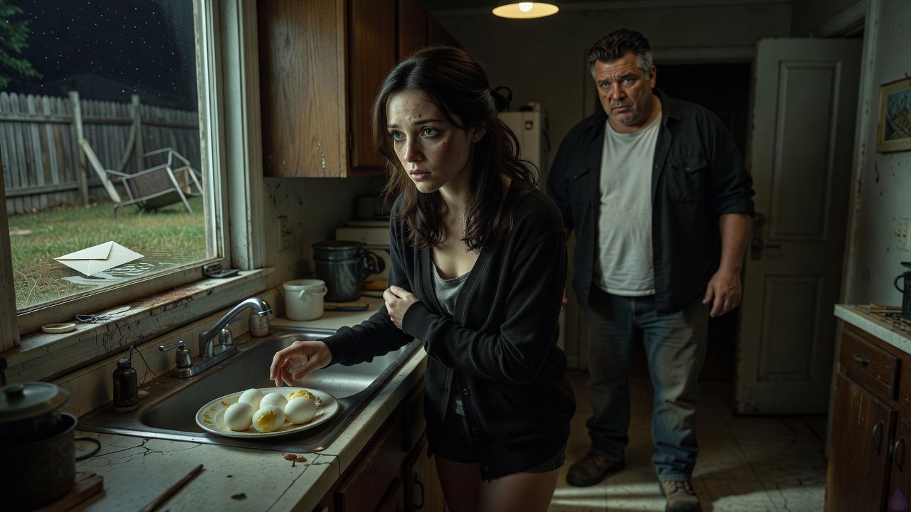 A tense horror scene inside a decaying suburban kitchen at night, dim yellow overhead light, cracked linoleum floor, worn cabinets, and a back door with a faint latch movement. Sasha stands barefoot in the foreground, feminine young adult with dark chestnut shoulder-length slightly wavy hair half-tied back, gray-green eyes, fair freckled skin, lean build, wearing a faded black cardigan over a gray tank top, dark straight-leg jeans, and worn ankle boots nearby, her posture guarded and anxious. A cold plate with two eggs sits on the counter. Through the window over the sink, a warped backyard is visible in moonlit strips, with a pale envelope in the grass near a dead herb patch. The atmosphere is claustrophobic, haunted by silence, with an eerie domestic stillness. In the background, the suggestion of Ronan Vale upstairs and Maris Wren in the dining room adds menace, with no direct full view of either. Moody shadows, realistic horror tone, high detail, emotional dread, cinematic composition.
