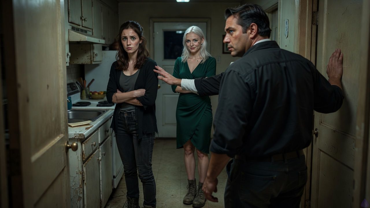 A tense horror scene inside a decaying suburban kitchen at night. Sasha, a feminine-presenting young adult with half-tied dark chestnut shoulder-length wavy hair, gray-green eyes, fair freckled skin, a faded black cardigan over a gray tank top, dark jeans, and worn ankle boots, stands very still beside a chipped kitchen counter, arms held close to her body and expression controlled but strained. Ronan Vale, a broad-shouldered middle-aged man with short cropped dark brown hair streaked with gray, steel blue eyes, ruddy olive skin, a crooked healed nose, heavy build, wrinkled white undershirt under a dark work shirt, faded jeans, and scuffed work boots, is turning away down the hall with tense authority. Maris Wren, a polished adult woman with long platinum blonde hair in a precise side part, pale hazel eyes, cool porcelain skin, beauty mark beside her mouth, immaculate nails, and an emerald wrap dress with black stockings and heeled pumps, lingers in the doorway with a cold, composed smile. The kitchen is dimly lit by a humming overhead light, with worn linoleum, chipped cabinets, a bowl of fruit hiding a letter, and a back door barely visible in the background. Mood is oppressive, quiet, and suspenseful, with subtle supernatural-feeling tension but realistic setting, cinematic lighting, shallow shadows, and heavy emotional unease.
