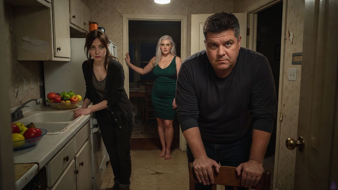 Cinematic horror scene in a dim, decaying suburban kitchen at night. Sasha, a feminine-presenting young adult with dark chestnut shoulder-length half-tied hair, gray-green eyes, a faded black cardigan over a gray tank top, dark jeans, and worn ankle boots, stands very still near the sink with guarded posture and lowered eyes, trying to look obedient and calm. Ronan Vale, a broad-shouldered middle-aged man with short dark brown hair streaked with gray, steel blue eyes, a broken nose, ruddy olive skin, nicotine-stained fingertips, a wrinkled white undershirt under a dark work shirt, faded jeans, and scuffed boots, fills the kitchen doorway with looming anger. Maris Wren, platinum blonde with a precise side part, pale hazel eyes, cool porcelain skin, an emerald wrap dress, black stockings, and pointed heels, watches from the dining room opening with a polished, cold smile. Old kitchen, chipped enamel counters, hum of overhead light, shadowed cabinets, tense body language, suffocating domestic atmosphere, faint sense of a hidden envelope under a fruit bowl, moody low-key lighting, realistic horror tone, emotional restraint and menace.