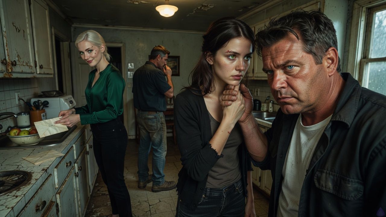 A tense nighttime horror scene inside a decaying suburban kitchen with flickering warm overhead light and deep shadows. Sasha, a feminine young adult with dark chestnut half-tied shoulder-length wavy hair, gray-green eyes, fair freckled skin, lean build, faded black cardigan over gray tank top and dark jeans, stands very still at a worn kitchen counter, eyes lowered in fearful obedience. Ronan Vale, a broad heavyset middle-aged man with short dark brown hair streaked with gray, steel blue eyes, ruddy olive skin, crooked broken nose, wrinkled white undershirt under dark work shirt and faded jeans, stands close with a possessive hand under Sasha’s chin, controlling and menacing rather than affectionate. Maris Wren, elegant and cold, with platinum blonde sleek hair, pale hazel eyes, emerald wrap dress and immaculate nails, watches from the dining doorway with a controlled, unsettling expression. On the counter sits a fruit bowl half-lifted to reveal a worn envelope with handwritten name visible, symbolizing a hidden secret. The kitchen is shabby, claustrophobic, with cracked linoleum, old cabinets, dim hallway beyond, oppressive atmosphere, subtle supernatural-like unease but realistic, cinematic framing, high detail, emotional tension, horror mood.
