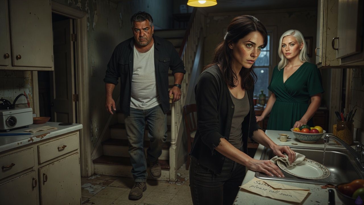 A tense nighttime kitchen inside a decaying suburban house, lit by a humming yellow overhead light and faint moonlight from a window. Sasha, a feminine young adult with dark chestnut shoulder-length slightly wavy hair half-tied back, gray-green eyes, fair freckled skin, a faded black cardigan over a gray tank top, dark straight-leg jeans, and worn ankle boots, stands rigid at the counter with one hand near the sink, trying to look innocent and unnoticed. Her expression is controlled but strained, eyes lowered, shoulders tight. A damp plate and running sink suggest hurried cleanup. The mood is claustrophobic and suspenseful. At the top of the staircase in the background, Ronan Vale, a broad-shouldered middle-aged man with short dark brown hair streaked with gray, steel blue eyes, ruddy olive skin, a crooked healed nose, a wrinkled white undershirt under a dark work shirt, faded jeans, and scuffed work boots, is descending with a looming, suspicious presence. In the dining room beyond, Maris Wren, a polished adult woman with platinum blonde straight hair, pale hazel eyes, porcelain skin, an emerald wrap dress, sheer black stockings, and pointed heels, is partially visible in a composed pose, her calm demeanor unsettling. The atmosphere feels tense, secretive, and intimate with danger, with an old envelope partly hidden under a fruit bowl on the counter, suggesting a hidden message and unresolved threat.