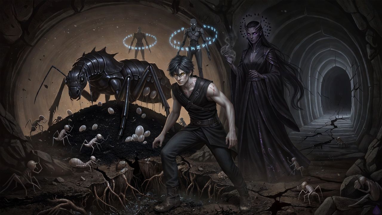 Dark fantasy dungeon heart chamber and newly formed queen chamber inside an underground living fortress, lit by faint cyan system runes and low violet shadowlight. Cairn, a young adult dungeon core manifested as a lean ash-black-haired man with pale ember-gold eyes, stands at the boundary between chambers in a sleeveless black tunic and dark harness, focused and tense. Nytheris appears as an androgynous earth-shadow spirit with midnight flowing hair, violet eyes, obsidian skin, and smoke-threaded fingertips. In the center of the new nest room, a massive ant queen the size of a large horse emerges from black loam and chitin, with workers and caste larvae beginning to form around her. The chamber is made of dark earth, basalt, roots, and shadow, with a threatening corridor in the background. Mood is ominous, alive, and strategic, with a sense of looming danger and unnatural creation.
