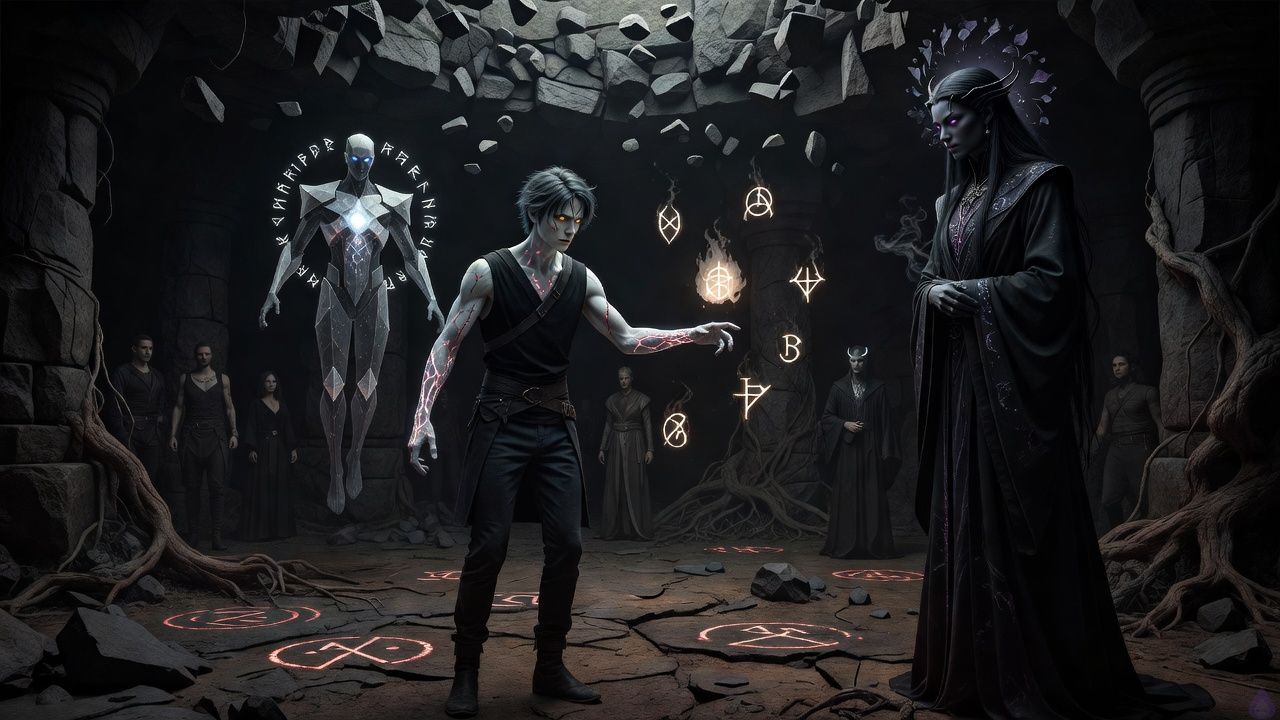 A dark underground chamber at the moment of a dungeon core awakening, with Cairn as a young adult male core-form presence at the center, ash-black short tousled hair with faint silver strands, pale ember-gold eyes, cool porcelain skin with a faint gray cast, lean fit build, sleeveless black tunic, dark leather harness, charcoal trousers, worn ankle boots, and dim red rune-like fissures along his collarbone. Nearby floats Axiom-Sable, a slender translucent rune construct with glowing white-blue core eyes, cyan light, and orbiting rune rings. Opposite him stands Nytheris, an androgynous tall shadow figure with midnight-black flowing waist-length hair, violet eyes, obsidian skin, horn-like temple ridges, smoke from fingertips, and a floor-length black silk robe with iridescent thread. The chamber is unfinished black stone and roots, faint rune light across the floor, loose stones falling from the ceiling, a tense and eerie atmosphere, cold shadowy lighting with pale magical highlights, expressions of urgency and dread, cinematic fantasy composition.