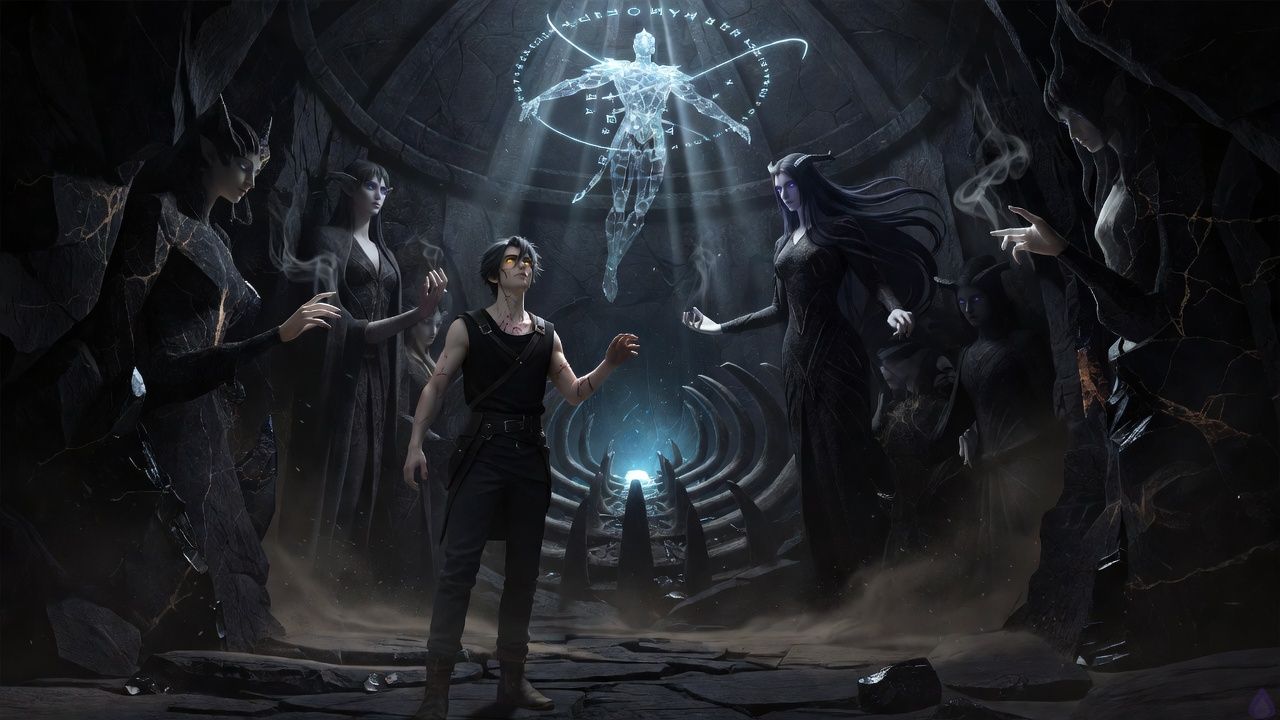 A dark fantasy dungeon heart chamber newly formed around a glowing core, with Cairn at the center as a lean young man reborn as a dungeon core, ash-black short tousled hair with faint silver strands, pale ember-gold eyes, cool porcelain skin, faint red rune-fissures along the collarbone, wearing a sleeveless black tunic under a dark leather harness and charcoal trousers. The chamber is made of black basalt, root-like earth veins, and shadow crystal seams, shaped like a protective dome and fortress sanctum. Nytheris stands nearby as an androgynous tall spectral spirit with midnight black flowing waist-length hair, cold violet eyes, obsidian skin, smoke trailing from fingertips, horn-like ridges, and faint shadow petals around the head, merged with earth, elegant and unsettlingly calm. Axiom-Sable appears as a floating cyan rune construct with translucent crystal lattice and orbiting rings, projecting clean light over the chamber. Lighting is low, moody, cyan and violet highlights against black stone, tense and ominous but controlled. The scene should feel like a living fortress forming in real time, with motion in the walls, dust falling, and a hungry tunnel beyond the threshold.