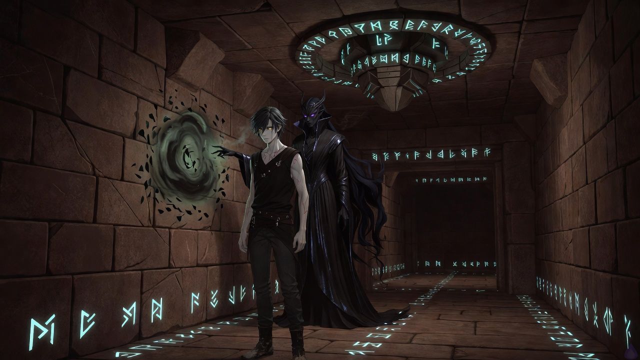 An underground dungeon core chamber in a dark fantasy style, lit by cyan runes and deep earthen glow. Cairn, a young adult masculine dungeon core avatar with ash-black short tousled hair streaked with silver, pale ember-gold eyes, cool porcelain skin with faint gray cast, lean build, sleeveless black tunic, dark leather harness, charcoal trousers, and worn ankle boots, stands or hovers at the center of a raw stone chamber. Beside him, Nytheris has merged with Earth into one spirit, an androgynous tall slender figure of obsidian stone and shadow, with violet eyes, smoke-like fingers, spectral black hair, and subtle root and basalt motifs woven through its form. Axiom-Sable appears as a floating cyan-lit construct with orbiting rune rings and translucent crystal panels nearby. The chamber is unfinished but stabilizing, with packed earth, rough stone, and roots under a low ceiling. A tense, intimate alliance moment, eerie calm, subtle danger in the corridor beyond, moody shadows, soft earth tones, cyan magical highlights, cinematic composition.