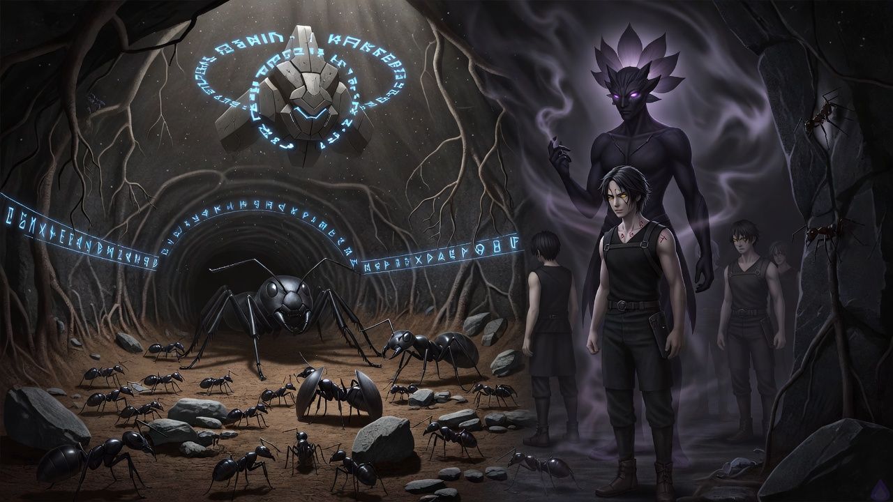 A dark-earth fantasy dungeon heart chamber expanded into a queen nest, lit by dim cyan system light and deep shadow. Cairn is represented as a core presence at the chamber center, with Nytheris, a tall earth-shadow spirit with midnight flowing hair, violet eyes, and smoke-like fingertips, standing at the threshold. Axiom-Sable appears as a floating crystalline rune construct with cyan glowing core eyes and orbiting rune rings. The Ant Queen is large horse-sized, armored in black chitin, centered in a warm loam nest, surrounded by rapidly growing ant caste members ranging from large dog size to small horse size: workers, guards, and scouts in a living colony. Mood is tense, controlled, and triumphant. The chamber has root-lined basalt walls, packed soil, black crystal seams, and a fortified tunnel entrance. Show purposeful movement, disciplined colony expansion, and a sense of emerging power and defense against an unseen threat.