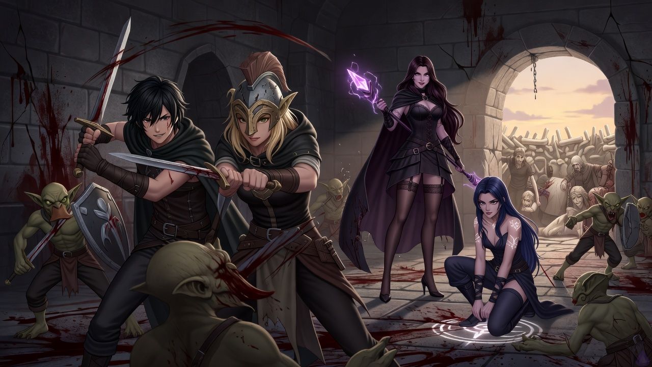 Fantasy dungeon aftermath at dawn, Sokushi in dark rogue leathers standing slightly behind and beside Anko as they share the frontline, both facing a defeated goblin brute in a cramped stone chamber with blood-streaked floor, broken bone charms, and scattered weapons. Anko is a blonde armored warrior with a large scarred shield and sword, strong stance, determined expression, armor dented from battle. Sokushi has messy black hair, steel gray eyes, lean agile build, and a focused protective posture, blade ready. Morrigan stands behind them in elegant dark witch attire with plum-black waves, violet eyes, corset dress, cape, staff glowing with violet magic. Ariety, in a white-and-cerulean priest outfit with holy markings, short blue bob, and prayer staff, is casting a healing light over the team. Mood is victorious, tense, and relieved, with warm dawn light spilling into the dungeon entrance and soft magical glow illuminating the characters.