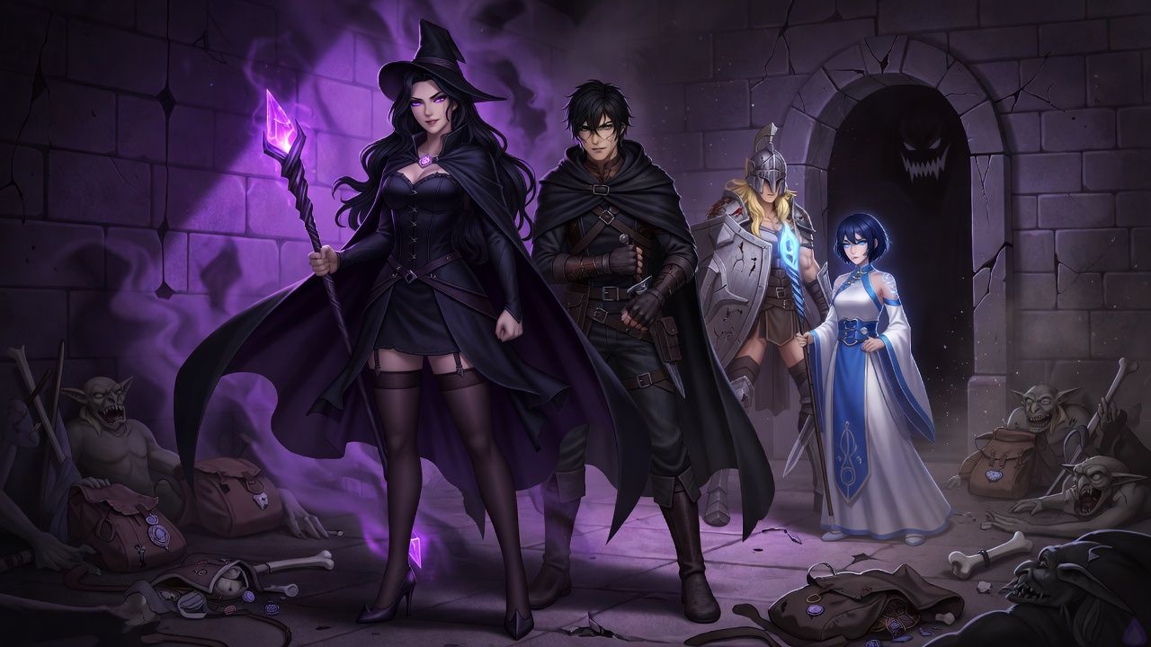 Dark fantasy dungeon chamber beneath a goblin hill, lit by Morrigan’s violet spelllight and Ariety’s soft holy glow, tense battle in progress. Sokushi, a lean young human male in dark rogue leathers with messy black hair and a small brow scar, stands at the front beside Anko, a tall blonde armored warrior with a scarred shield and sword, both facing a broken archway. Morrigan, a curvy tall mage in a dark corset dress, witch hat, cape, garter belt, thigh-high stockings, and stilettos, casts magic from the middle ground with a glowing crystal staff. Ariety, a compact priest in a white-and-cerulean Chinese-style outfit with holy markings, short blue bob, and prayer staff, stands slightly behind them, healing and watching the dark passage. Goblin corpses, broken bones, stolen packs, and crude charms clutter the chamber. A cracked wall archway emits a threatening black growl from unseen darkness. Mood is tense, dangerous, and urgent, with dust in the air, dramatic shadows, and motion captured mid-combat.
