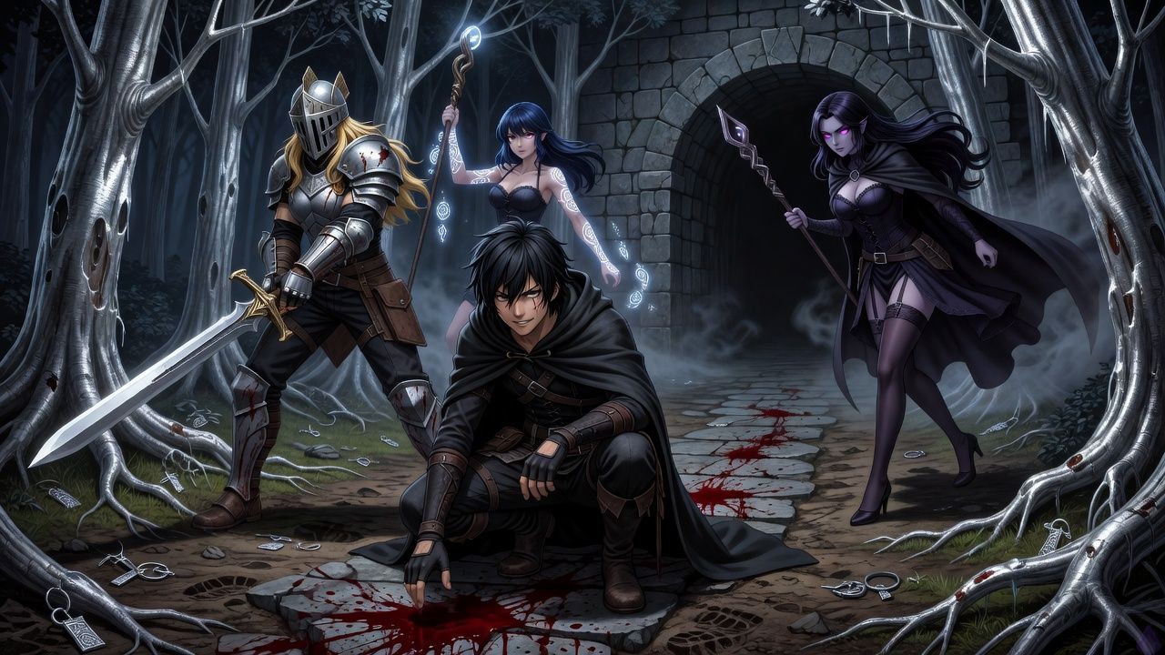 A moonlit fantasy forest path at the entrance to a goblin dungeon, with wet silver-barked trees and a dark hill opening into a stone tunnel. Sokushi, a lean young human rogue with ink-black messy layered hair, steel-gray eyes, dark fitted rogue leathers, hooded cloak, fingerless gloves, and soft boots, stands tense near fresh blood on the entrance stones. Beside him are three female companions: Anko, a tall athletic blonde warrior in scarred armor with black leggings, helmet, shield, and sword, gripping her weapon protectively; Morrigan, a tall curvy mage with deep plum-black wavy hair, violet eyes, dark corset dress, cape, witch hat, and glowing staff, her expression sharpening with concern; and Ariety, a compact priestess with a midnight-blue bob, amber eyes, white-and-cerulean holy outfit, prayer staff, and visible holy markings, lifting her staff to cast protection. The atmosphere is tense and ominous, cold silver moonlight, faint mist, traces of blood, broken charm on the ground, cinematic fantasy lighting, emotional anticipation, dangerous silence, subtle urgency.