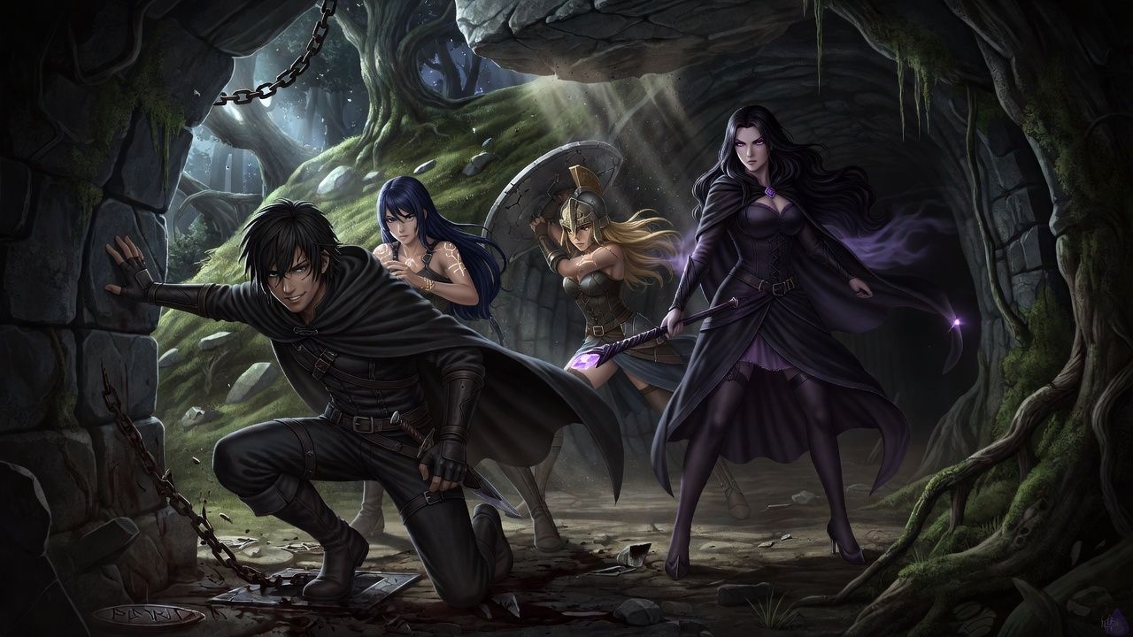 Dark fantasy scene at the mouth of a goblin dungeon carved into a hill at night, moonlit forest and damp stone, Sokushi crouched at the tunnel entrance in dark rogue leathers with a hooded cloak and fingerless gloves, tense and alert, one hand near his daggers; Anko standing guard in scarred armor with shield raised and sword ready, blonde hair under a battered helmet, protective posture; Morrigan beside her in a dark corset dress, layered skirt, cape like smoke, witch hat, holding a glowing crystal staff, violet eyes focused on the darkness; Ariety close to Sokushi in a white-and-cerulean priest outfit with holy markings visible on shoulders and forearms, staff wrapped in white ribbons, glowing protective magic around her hand; fresh blood on the stone threshold, broken party token in the mud, hidden crack in the tunnel wall, tense expressions, cinematic lighting, eerie atmosphere, adventure tension, no nudity