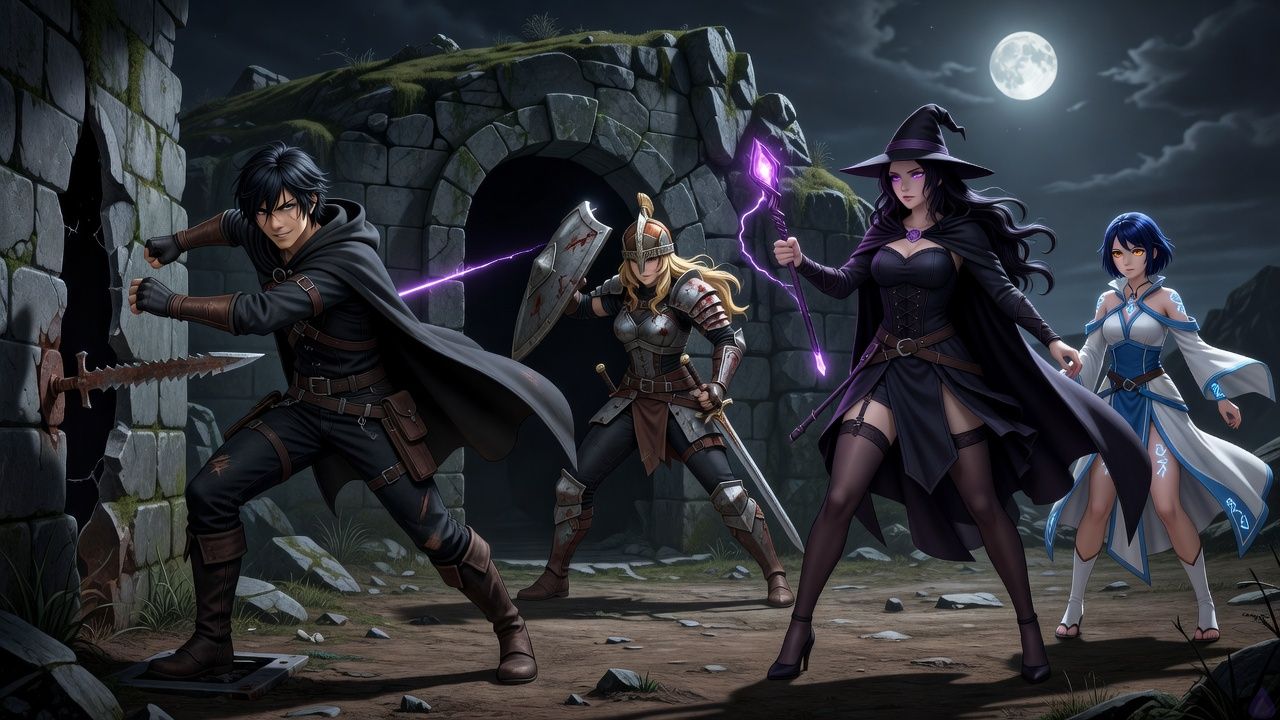Moonlit fantasy dungeon entrance at a goblin hill, tense action scene. Sokushi, a lean young human male rogue with ink-black messy layered hair, steel gray eyes, dark rogue leathers and hooded cloak, is caught mid-reaction near a hidden side crack in the stone wall as a trap triggers beneath his boot. Anko stands at the front in scarred armor, black leggings, boots, helmet, long blonde hair, sword and shield raised defensively. Morrigan, a tall curvy mage with deep plum-black wavy hair, violet eyes, dark corset dress, cape, witch hat, garter belt, thigh-high stockings, and glowing crystal staff, channels violet magic at the broken mechanism. Ariety, a fit young priest with a short midnight-blue bob, amber eyes, white-and-cerulean holy outfit with exposed shoulders and visible legs, white socks and slip-ons, holds a prayer staff and casts a soft white ward over the tunnel mouth. The stone entrance is crumbling, dust and debris in the air, pale goblin eyes and clawed shapes descending from above, one taller shadowy goblin watching from the back. Dramatic moonlight and dim magical glow, tense body language, high stakes, dark earthy tunnel setting, cinematic fantasy illustration.