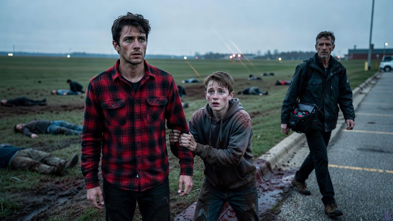 Early-2000s small-town Midwest high school field at dawn after an alien abduction event, muddy grass stained with blood, scattered injured men in the background, a devastated and eerie atmosphere, Lucas in a red-and-black plaid flannel shirt and dark jeans standing rigid and exhausted in the foreground beside his shaken son Jack in a faded gray hoodie and worn jeans, Jack crouched then half-risen with tense fists and a terrified expression, Ron at the parking lot edge in a dark utility jacket with a camera bag hanging open, looking toward the vanished craft site with a haunted, alert stare, empty overcast sky, cold pale morning light, cinematic thriller mood, visible grief, shock, and unresolved danger, realistic detail, no gore focus but clear aftermath of violence