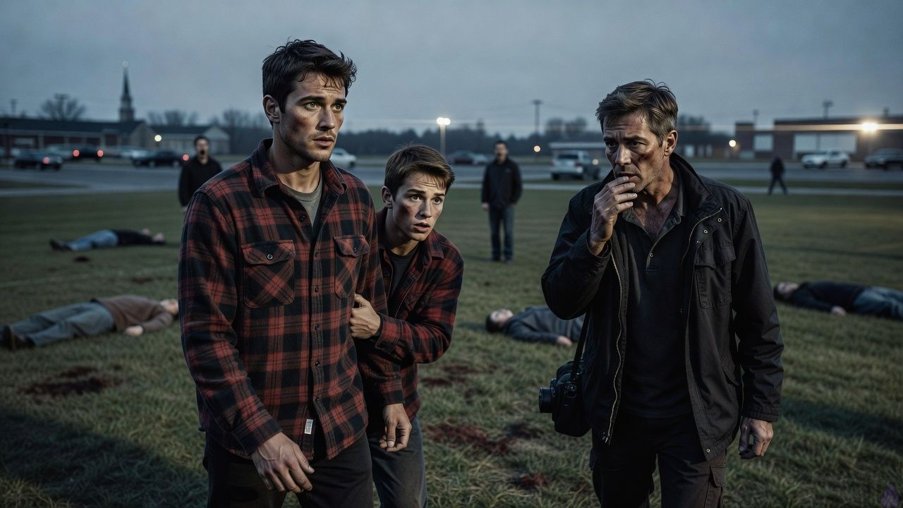 Early 2000s small-town Midwest high school field at dawn after an alien abduction event, tense thriller mood, cold pale morning light over trampled grass, bloodstains, and scattered injured men in the background. Lucas stands in a red-and-black plaid flannel, dark jeans, and work boots, facing Ron with urgent intensity. Jack, a seventeen-year-old in a faded gray hoodie and worn jeans, clutches Lucas's sleeve with a shaken expression. Ron, in a dark utility jacket and charcoal shirt, looks pale and grim, speaking cautiously with a camera bag at his side. The scene emphasizes anxious body language, emotional strain, and the bleak aftermath of the craft’s disappearance, with the parking lot and distant church lights behind them, cinematic realism, no supernatural glow, no explicit gore close-up.