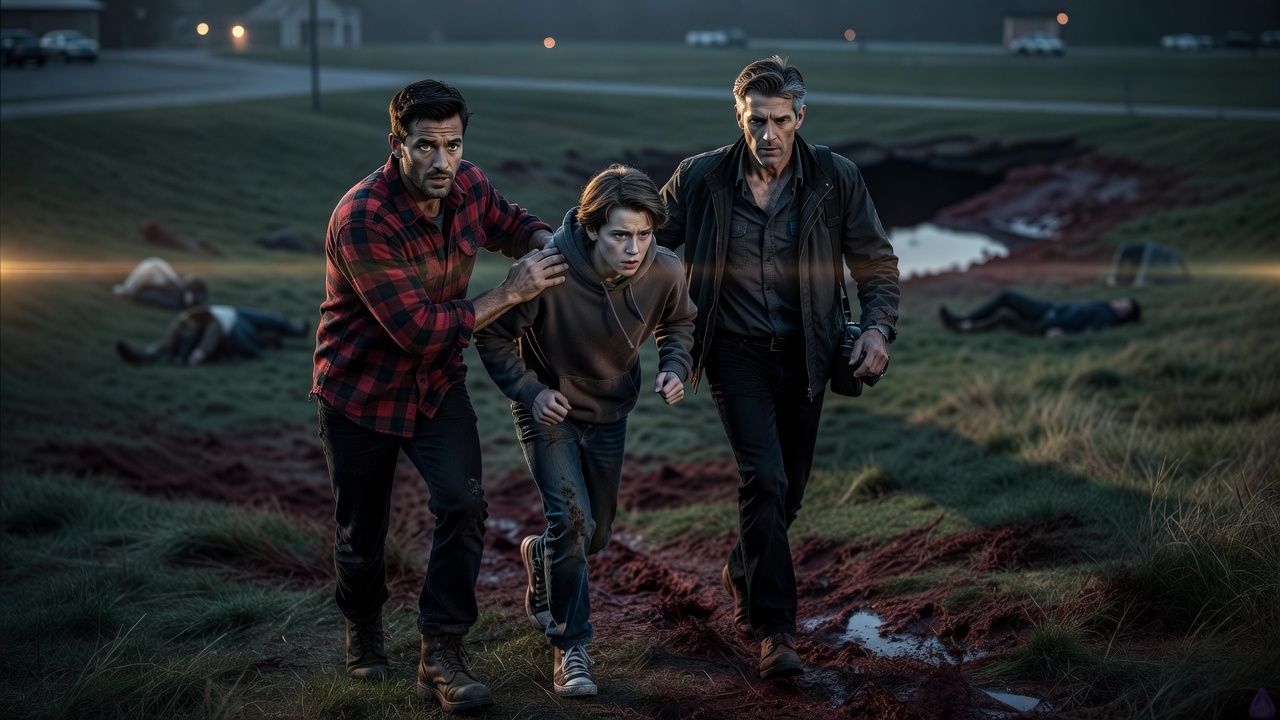 Early 2000s Midwest high school football field at dawn after an alien abduction event, bleak and tense. Lucas, a 38-year-old man in a red-and-black plaid flannel, dark jeans, and scuffed brown work boots, is firmly guiding his 17-year-old son Jack by the shoulder, helping him walk away from a bloody field. Jack wears a faded gray hoodie, worn blue jeans, and white high-top sneakers, his face shocked and strained, fists half-clenched. Ron stands close on Lucas’s other side, in a dark utility jacket over a charcoal button-up and black jeans, watching the field with a professional, alert expression, camera bag hanging open at his hip. The grass is trampled and stained with blood, distant injured men cluster in the background, and the empty landing site looms with an ominous, vanished presence. Cold morning light, muted colors, wind-tossed grass, heavy atmosphere, emotional urgency, bodies oriented forward, protective body language, unresolved fear.