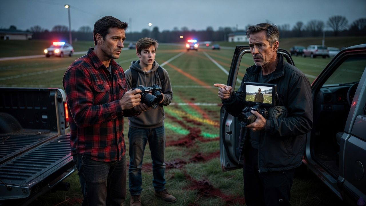A tense early-morning Midwest field after an alien abduction, with bloodied grass near a high school sports field and emergency lights beginning to flash in the distance. Lucas, a lean 38-year-old man in a red-and-black plaid flannel and jeans, stands beside the tailgate of an old pickup truck, gripping a camera and confronting Ron. Ron, a professional-looking man in a dark utility jacket with a camera bag, looks guilty and exhausted while explaining himself. Jack, a shaken 17-year-old in a faded gray hoodie and worn jeans, stands close to Lucas holding the camera evidence. The mood is grim, investigative, and devastated, with muted dawn light, cold wind, trampled grass, and the sense of a terrible secret finally exposed. No gore focus, but aftermath of violence is visible in the field and abandoned vehicles.