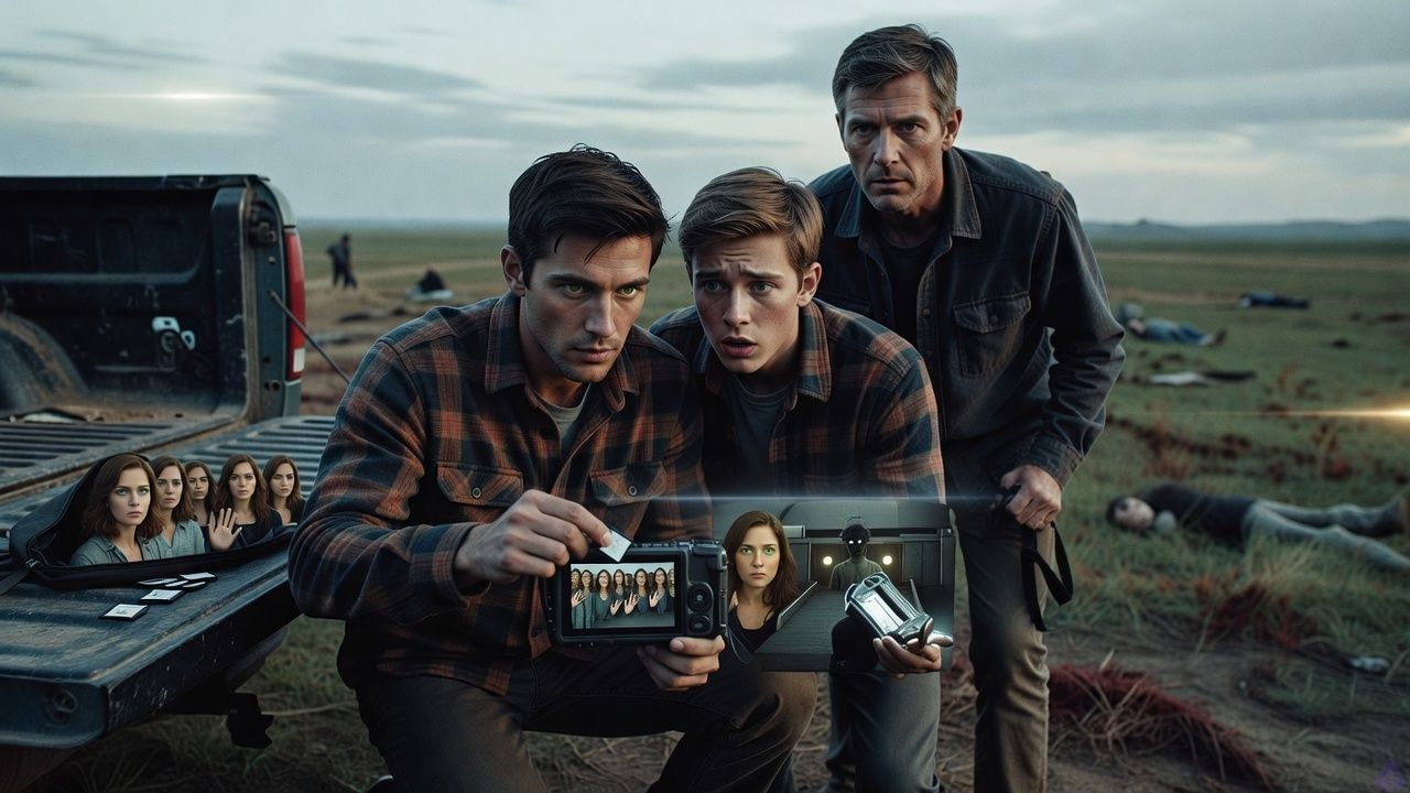 A tense early-2000s Midwest small-town field at morning, beside a dusty pickup truck and open camera bag. Lucas, a late-30s man in a red-and-black plaid flannel shirt, dark jeans, and scuffed boots, kneels at the tailgate holding a digital camera and memory cards, focused and grim. Jack, a 17-year-old in a faded gray hoodie and worn jeans, leans in close with a shocked, frightened expression. Ron, a professional-looking man in a dark utility jacket and charcoal shirt, stands nearby with worried intensity, watching the evidence. The background shows a ruined high school field with scattered injured men and blood-stained grass, but the focus is the camera screen showing eerie thumbnails of women walking in a trance toward an alien craft. Overcast morning light, dusty air, muted autumn colors, cinematic realism, high tension, body language conveying urgency and dread.