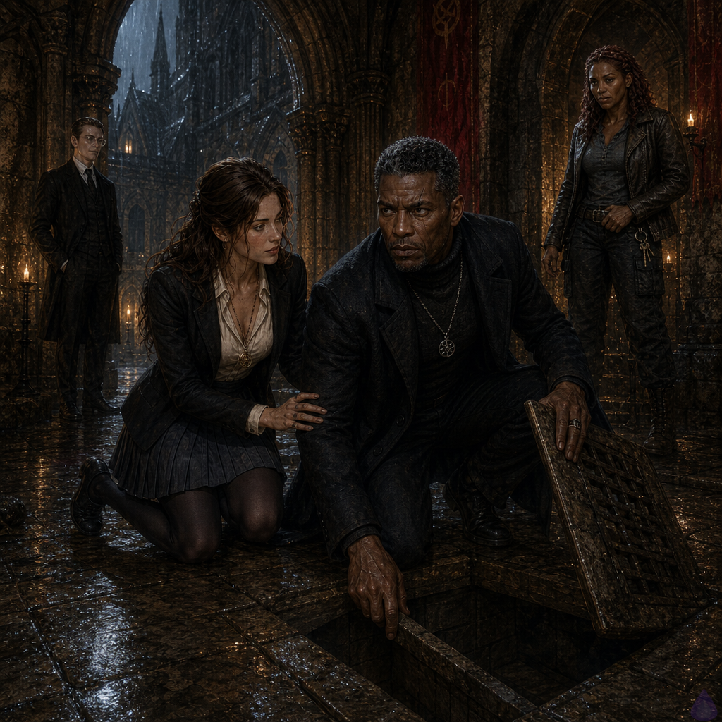 A rain-soaked gothic academy cloister at night, with Dominic Jones in a charcoal turtleneck and long midnight wool coat opening a hidden stone passage beside a drainage grate. Anwen Clare kneels close at his side in a cream silk blouse, fitted black blazer, pleated slate skirt, dark tights, and oxford heels, her ink-stained fingers near the latch, her expression focused and intimate. Imani Rowe stands guard near the archway in a weathered leather jacket and cargo trousers, keys visible at her belt, watching the corridor entrances. Brother Severin Morrow stands in the shadowed archway in a black three-piece suit and long overcoat, pale and composed, his presence calm but threatening. Wet stone, ivy, amber lamplight, cold mist from the opening stair, tense body language, cinematic noir-fantasy mood, emotional suspense, realistic detail.