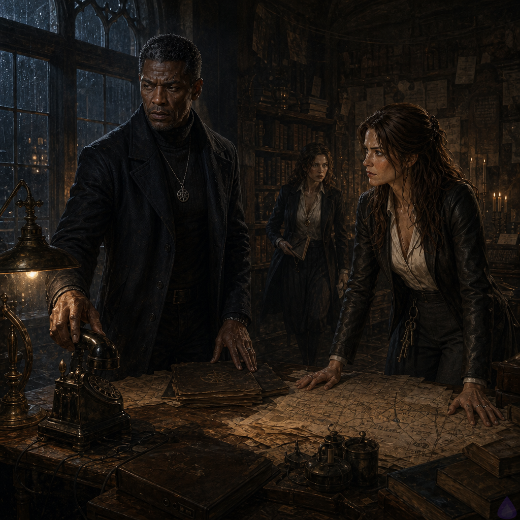 A moody dark-academia safehouse office at night, rain streaking the windows, warm brass lamp light mixed with cool blue shadows. Dominic Jones stands in the foreground, tall and lean in a charcoal turtleneck and long midnight coat, holding a marked ledger and looking tense but controlled, his storm gray eyes focused on a ringing old phone. Imani Rowe stands beside a crowded table with transport maps and keys, wearing a weathered leather jacket and cargo trousers, alert and ready. In the background, Anwen Clare stands near tall archive shelves, wearing a cream silk blouse under a fitted black blazer and pleated slate skirt, ink-stained fingers resting on a photocopied page, her green-gray eyes fixed on Dominic with calm concern and quiet warmth. The room is full of old books, coded papers, a desk lamp, and subtle signs of a hidden resistance network. The mood is intimate, suspenseful, and emotionally charged, with a sense of a call from the enemy just moments away.