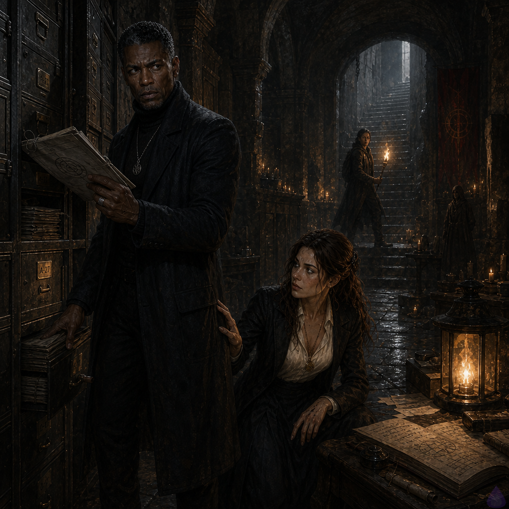 A tense hidden archive chamber beneath an academy cloister, lit by a single amber desk lamp and cold spill from the stairwell. Dominic Jones, a tall, lean Black man in a charcoal coat and midnight wool, stands beside a misfiled metal cabinet bank, one hand near an opened secret panel, expression focused and resolute. Anwen Clare, elegant with dark chestnut half-up waves, green-gray eyes, cream silk blouse, black blazer, and ink-stained fingers, crouches at the cabinet inspecting a mismatched label and hidden release. In the background, Imani Rowe in a leather jacket and cargo trousers watches the stairwell protectively. Brother Severin Morrow, in a black three-piece suit and overcoat, is implied by his presence in the chamber and voice, with a subtle sense of control and unease rather than an attack. The room is lined with drawers, ledgers, envelope folders, and old archive shelves, with dust, brass tabs, and a black keycase visible. Mood: quiet revelation, intimate trust, and dangerous truth. Cinematic lighting, moody shadows, realistic detail, no explicit violence, no nudity.