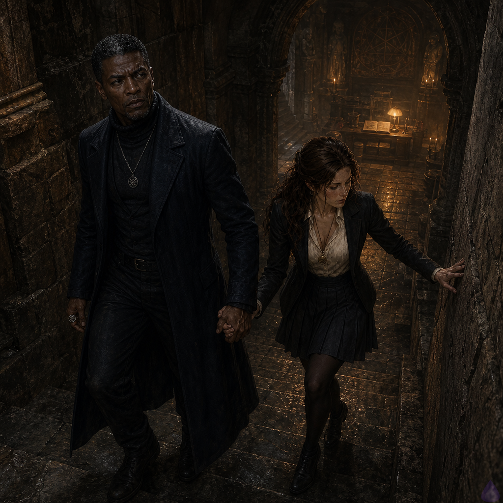Cinematic underground cloister passage beneath an academy at night, narrow stone stairwell descending into a hidden archive chamber, Dominic Jones in a charcoal turtleneck and long midnight wool coat holding Anwen Clare’s hand as they descend together, intimate but tense body language, Dominic tall and lean with storm gray eyes and a spiral ring, Anwen elegant in a cream silk blouse, fitted black blazer, slate skirt, dark tights, oxford heels, brass locket visible at her collar, her ink-stained fingers intertwined with his, wet stone walls, faint incense haze, amber desk lamp glowing from a lower archive room, metal filing cabinets and an oversized ledger book below, Brother Severin Morrow partly visible in shadow beyond the light in a black suit and long overcoat, mood of secret-truth discovery and quiet romance, moody rain-damp atmosphere, high detail, dramatic chiaroscuro lighting, no nudity
