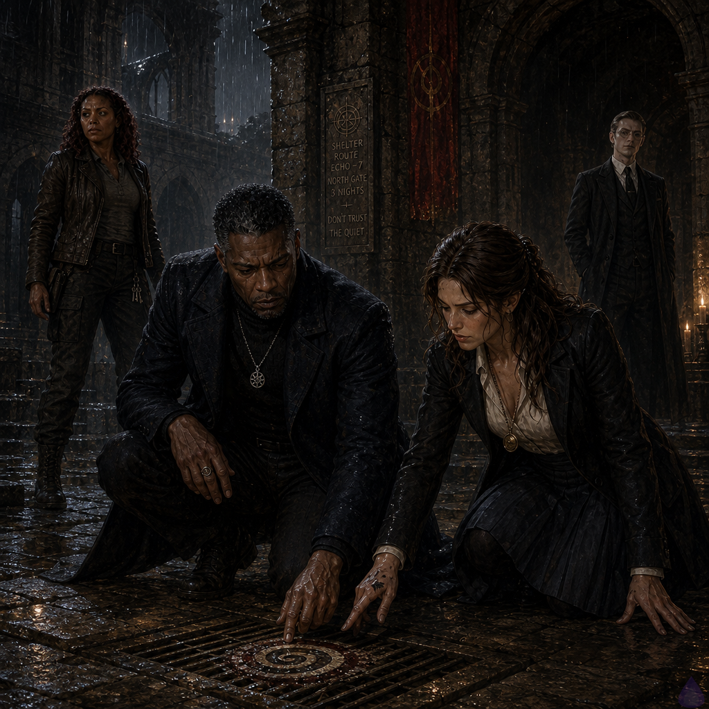 A rain-soaked stone academy cloister at night, amber lantern light reflecting in puddles, ivy climbing dark walls, and a bronze donor plaque glistening with water. Dominic Jones stands in a charcoal turtleneck and long midnight coat near a drainage grate, tense and focused, his storm-gray eyes fixed on a faint spiral symbol beneath wet leaves. Anwen Clare kneels beside the grate, elegant and composed in a cream silk blouse and black blazer, her ink-stained fingers brushing away debris as she studies the mark. Imani Rowe stands alert at the corridor entrance in a weathered leather jacket and cargo trousers, one hand near her belt, ready to protect the group. In the shadowed arch behind them, Brother Severin Morrow appears in a black three-piece suit and overcoat, soft-spoken but menacing, partially obscured by darkness. The mood is suspenseful, intimate, and dangerous, with rain, stone, and warm lamp glow creating a moody noir-fantasy atmosphere, body language showing mistrust, intelligence, and imminent confrontation.