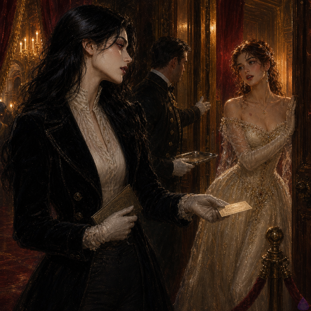 Inside an elegant 19th-century opera house corridor after a performance, Joss stands in a tailored black velvet opera coat, high-collared silk blouse, dark fitted trousers, polished heeled boots, raven black hair in long sleek waves, crimson eyes, pale ivory skin, holding a cream-and-gold patron invitation card close to her chest. She looks controlled but emotionally shaken. Nearby an usher in a dark uniform carries a silver tray and gestures toward a velvet-roped side corridor. Through an open doorway in the background, Lilliane du Pre is visible on the stage entrance side in an ornate ivory opera gown with fitted bodice and sheer sleeves, chestnut brown hair elegantly pinned back, hazel-gold eyes, stage makeup, and a luminous but tense expression, as if she has just recognized Joss. Warm gaslight and amber theater lighting cast dramatic shadows, with velvet curtains, gilded moldings, and the hush of an after-performance crowd. The mood is intimate, tense, and romantic, with the sense of a long-lost reunion about to become private and perilous.