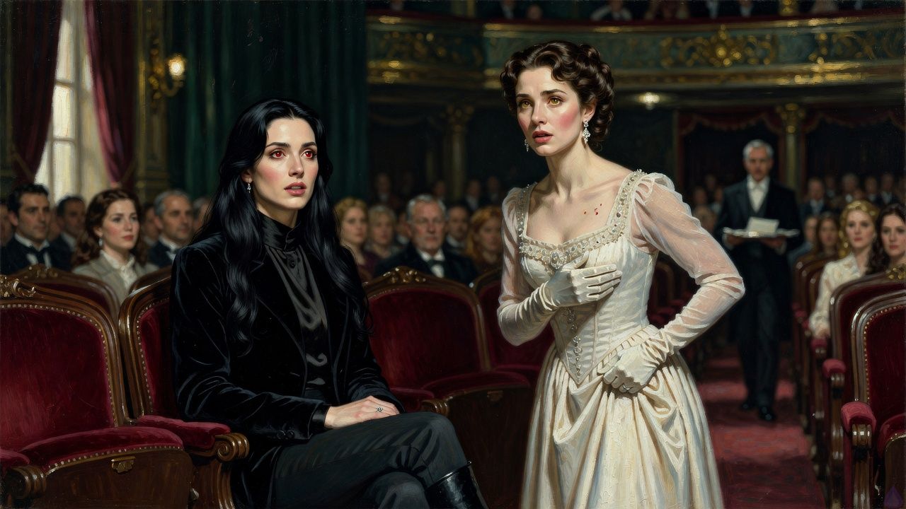 An opulent opera house interior at night, richly detailed and cinematic, with warm golden stage light spilling over red velvet seats and shadowed balconies. In the foreground sits Joss, a feminine vampire with raven black long sleek waves parted to one side, crimson red eyes, pale ivory skin, lean elegant silhouette, sharp cheekbones, faintly elongated canines, wearing a tailored black velvet opera coat over a high-collared silk blouse and dark fitted trousers. She is frozen in stunned recognition, one hand resting tensely in her lap where a subtle silver ring catches the light. On the stage in the midground stands Lilliane du Pre, a stunning soprano in an ornate ivory opera gown with a fitted bodice, sheer sleeves, jeweled accents, satin gloves, and opera earrings. Her deep chestnut brown hair is elegantly pinned back, hazel-gold eyes locked on Joss, her expression torn between shock and longing. The orchestra and audience blur softly around them, unaware of the emotional gravity. The mood is intimate, tense, and romantic, with a sense of impossible reunion and history resurfacing under the glow of the footlights.