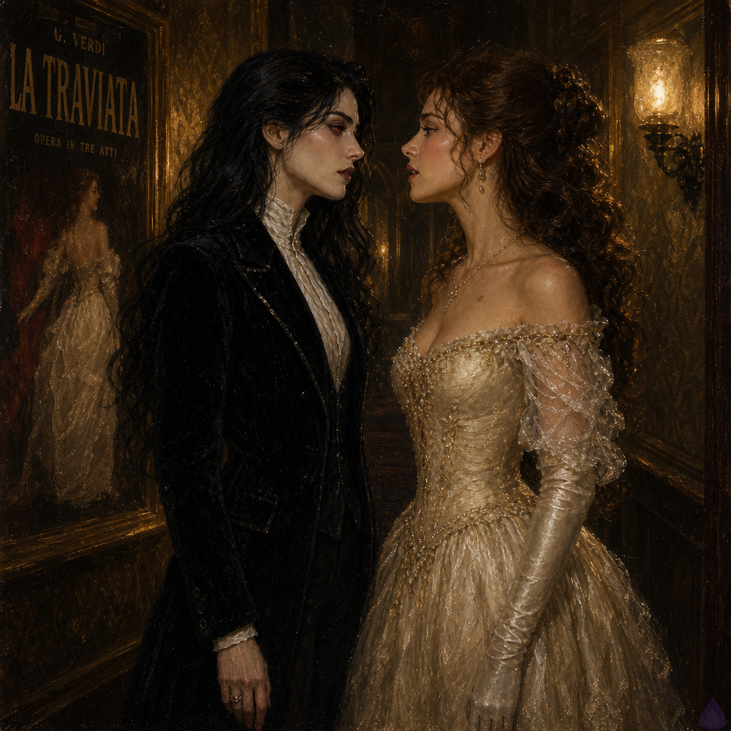 A quiet opera house corridor under low golden gaslight, dim frosted-glass sconces, and ornate wallpaper with a framed vintage opera poster. Joss, a feminine vampire with raven black long sleek waves, crimson red eyes, pale ivory skin, and a tailored black velvet opera coat over a high-collared silk blouse, stands still and poised in the corridor, alone at first. Lilliane du Pre steps into the corridor toward her, stunning and emotionally shaken, with deep chestnut brown long softly curled hair elegantly pinned back, hazel-gold eyes, warm porcelain skin, a slender statuesque dancer-like build, and an ornate ivory opera gown with sheer sleeves, jeweled accents, satin gloves, and opera earrings. Their body language is tense and intimate, filled with shock, longing, restraint, and recognition. The mood is hushed, romantic, and suspenseful, with soft shadows, polished wood, velvet textures, and the sense of a private reunion after centuries. They are facing one another at close distance, eyes locked, as if about to speak something dangerous and tender.