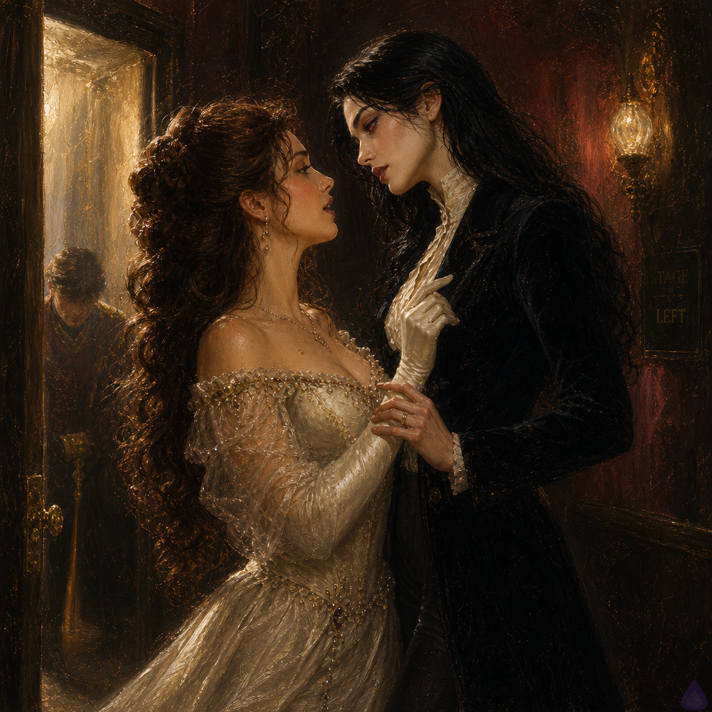 A narrow backstage corridor in an elegant opera house, lit by low frosted gas lamps and a warm spill of light from a half-open door. Joss, a feminine vampire with long raven black waves, crimson eyes, pale ivory skin, and a tailored black velvet opera coat, stands very close to Lilliane du Pre. Lilliane is a statuesque vampire soprano in an ornate ivory opera gown with sheer sleeves, jeweled accents, satin gloves, long softly curled chestnut hair pinned back, hazel-gold eyes, and a delicate birthmark near her collarbone. She is touching Joss’s coat while both share a charged, emotional look of recognition, relief, and restrained longing. The atmosphere is intimate but not explicit, with tension, vulnerability, and centuries-old romance implied. In the background, a stage attendant is retreating through the open doorway, and the distant suggestion of the opera performance remains. Cinematic composition, rich velvet textures, gold and ivory tones, soft shadows, emotional realism, mature romantic mood.