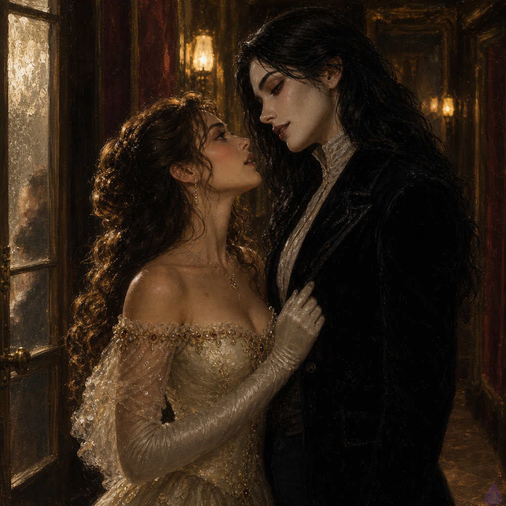 A narrow dim opera house corridor lit by low gaslights and frosted glass, with Joss, an elegant vampire woman with raven black hair, crimson eyes, pale ivory skin, and a tailored black velvet opera coat, smiling softly at Lilliane du Pre. Lilliane is a timelessly adult opera singer in an ornate ivory gown with jeweled accents, satin gloves, long chestnut brown pinned curls, hazel-gold eyes, and a delicate birthmark near her collarbone. She has one gloved hand touching the front of Joss's coat, trembling with emotion. The mood is intimate, tense, and romantic, with old grief and renewed hope in their expressions. The setting includes faded gold wallpaper, a framed opera poster, and the corridor door slightly clicking open behind Lilliane. Cinematic lighting, realistic details, emotional body language, lush mature atmosphere, no nudity.