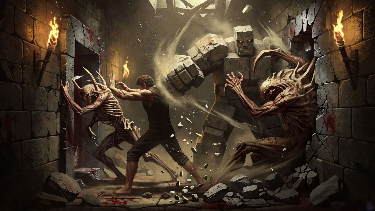 A tense fantasy dungeon chamber carved from cold stone, lit by weak pale light and drifting dust. The protagonist, a bare-footed new Vanguard in a braced fighting stance, stands in the center of a narrow rubble passage holding the choke point. Beside them is Brick, a broad sarcastic stone golem, mid-swing as he smashes at a breach in the wall. A bone-and-sinew creature is pinned low in the tunnel while a larger twisted monster forces itself through the shattered opening. The Warden is unseen, but his presence is implied by an ominous translucent system glow in the air. The mood is grim, kinetic, and claustrophobic, with stone chips, debris, and motion blur emphasizing impact and danger. No gore excess, but clear combat intensity and determined expressions.