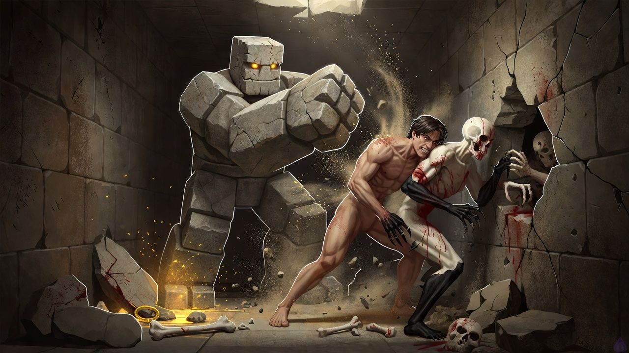 A tense fantasy dungeon combat scene inside a collapsed stone tunnel chamber lit by cold pale light from cracks above. The protagonist, barefoot and wearing simple dungeon-survivor clothing, braces in a narrow choke point with a determined defensive stance, shoulder set against a small bone-and-shadow creature lunging forward. Brick, a broad stone golem with a carved face and massive fists, stands close behind and beside the protagonist, mid-swing to smash a second shape emerging from rubble. Dust and gravel hang in the air, ancient bones and a dead body with an iron ring are visible near broken masonry, and the chamber feels claustrophobic and dangerous. The mood is urgent, gritty, and suspenseful, with the unseen Warden implied as an ominous presence. Cinematic lighting, high detail, dynamic action, emotional focus on trust and survival.