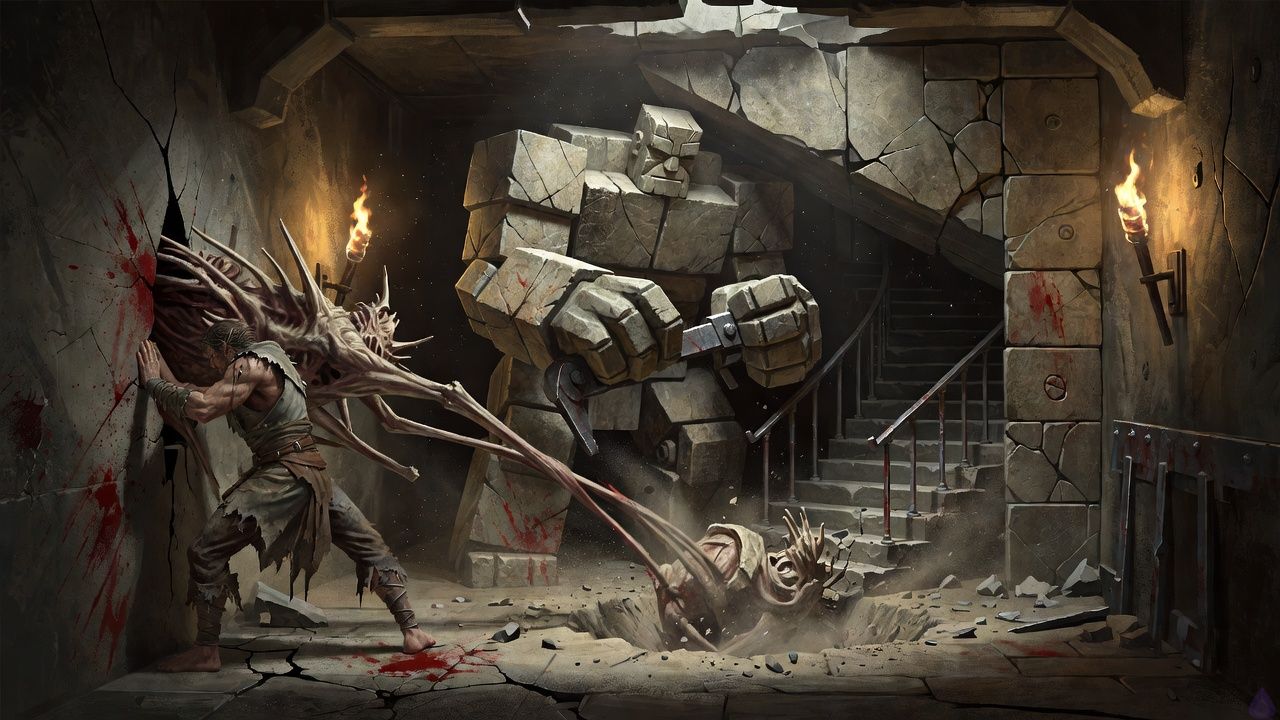 A tense fantasy dungeon chamber lit by cold, pale light filtering through cracked stone and a newly opened hidden stairwell. The protagonist, a barefoot Vanguard in worn adventuring clothes, stands at the side of the chamber in a guarded stance, watching the edges defensively after warning Brick. Brick, a broad carved stone golem with a massive build, braces one hand on an iron lever while the slab floor is locked open, revealing a narrow iron-railed staircase descending into darkness. Dust hangs in the air, rubble and cracked masonry frame the scene, and a defeated bone-and-sinew dungeon creature lies broken near the opening. The mood is grim, tactical, and triumphant, with subtle relief, danger still lingering in the shadows, and the unseen presence of The Warden implied by the oppressive atmosphere.