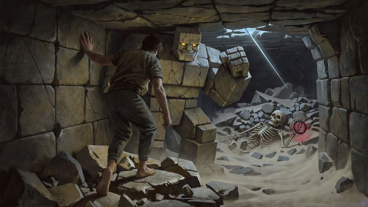 A tense fantasy dungeon scene in a narrow rubble passage and collapsed chamber, lit by cold pale light filtering through cracks in stone. The protagonist, bare-footed and newly classed as a Vanguard, stands in a defensive stance with shoulders set and knees bent, wearing simple dungeon-worn clothing and looking toward a hidden threat behind broken stones. Brick, a broad sarcastic stone golem, stands close behind and beside the protagonist, protective and ready, his carved face grim and alert. The chamber contains a half-buried skeleton clutching an iron ring, dusty rubble, cracked walls, and a dark old smear on stone. The mood is suspenseful and claustrophobic, with floating dust, hard shadows, and the sense of an imminent ambush. The Warden is implied only through eerie atmosphere, not visibly shown.