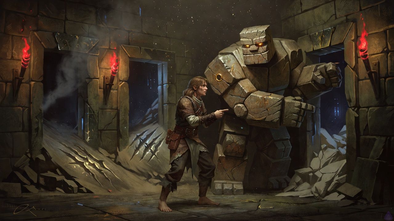A dim stone dungeon starting chamber lit by cold blue system light. You, a barefoot newly awakened adventurer in a defensive Vanguard stance, stand near a translucent class-selection glow that has just faded. Brick, a broad carved stone golem with a weathered, sarcastic face, stands close beside you and points toward three exits in the chamber wall. One exit breathes iron-cold air, one slopes down with claw marks, and one is blocked by pale rubble. The mood is tense but intimate, a quiet strategy moment before danger. Show both characters focused, alert, and aligned, with Brick’s massive body forming a protective presence. The stone floor is damp and rough, the chamber sparse, and a faint ominous darkness lingers in the background. Cinematic fantasy lighting, restrained color palette, emotional emphasis on trust forming under pressure.