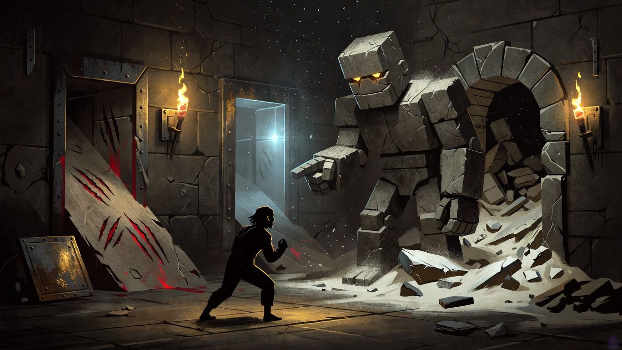 A cold stone dungeon chamber lit by pale blue System light, with a barefoot protagonist in a defensive Vanguard stance facing a broad stone golem named Brick. Brick points toward a collapsed rubble-choked passage in the wall, his carved face serious and protective. Three exits are visible in the background: an iron-cold corridor, a claw-marked downward slope, and the rubble passage. The mood is tense, tactical, and quiet, with damp stone, drifting dust, and a faint supernatural interface glow suspended in the air. No combat yet, just a moment of strategic choice and uneasy trust.