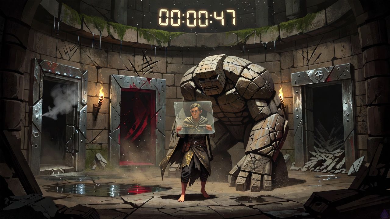 A tense fantasy dungeon starting room lit by cold blue-gray ambient light, rough wet stone walls, a round chamber with three dark exits, one iron-scented tunnel, one narrow claw-marked passage, and one half-collapsed rubble exit. In the foreground, an unnamed bare-footed protagonist with an uncertain, frightened posture stands before a translucent glowing character-creation screen floating in the air. Beside them stands Brick, a tall sarcastic stone golem with carved features and a watchful stance, partially turned toward the darkness. The mood is anxious and cinematic, with subtle mist, dripping water, and a sense of looming danger. The System text glows faintly in the air, adding a supernatural interface feel without clutter. Emphasize vulnerability, suspense, and the first choice in a deadly tutorial dungeon.