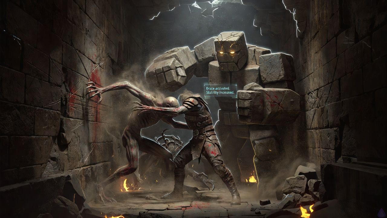 A tense fantasy dungeon chamber carved from cold stone and rubble, lit by a thin shaft of pale light and the eerie glow of a translucent system interface. The protagonist, a newly selected Vanguard with a defensive stance, braces in a narrow choke point amid broken masonry, bare feet planted on dusty stone. Brick, a broad stone golem with a heavy, carved face, stands close behind and beside the protagonist, poised to strike. In the foreground, a low skeletal creature with wet, unsettling movement lunges into the bottleneck and is being shoved back by the protagonist’s shoulder brace, while dust and chips of stone explode in the air. The mood is urgent, claustrophobic, and tactical, with visible strain, grit, and determination. No gore, but danger is immediate and physical. Include the impression of an unseen Warden watching through a faint floating system notification.