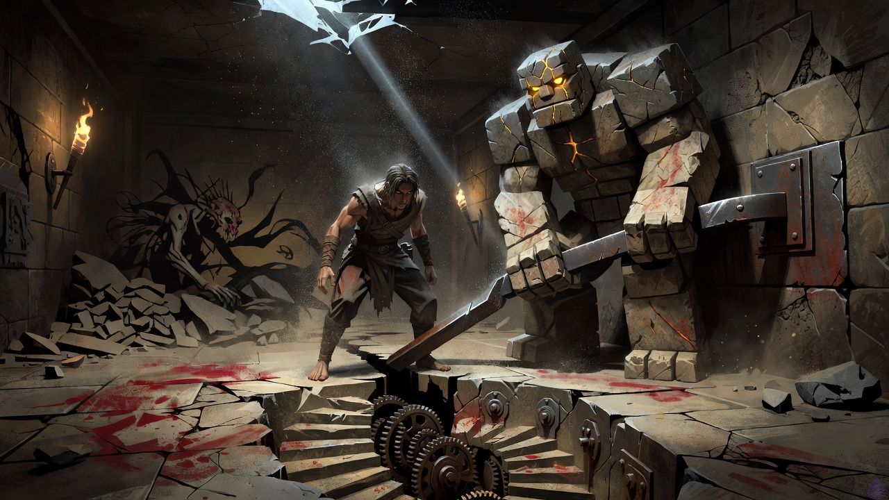 A tense fantasy dungeon chamber inside a ruined underground floor, lit by pale cold light and drifting dust. The protagonist, a bare-footed Vanguard in a braced defensive stance, studies a partially opened iron-and-stone floor seal with focused caution. Brick, a broad stone golem with dust on his shoulders, strains at a lever mechanism beside the opening, holding it in place. The chamber is cramped and ancient, with broken masonry, black seams in the floor, iron fittings, and a narrow glimpse of descending stone stairs below. A wounded bone-and-shadow creature lurks in the dim background, not fully visible. The mood is dangerous, analytical, and suspenseful, with the sense of a trap being understood just in time. Cinematic lighting, gritty textures, cold stone, drifting rubble, intense body language, and a faint ominous presence implied in the darkness.