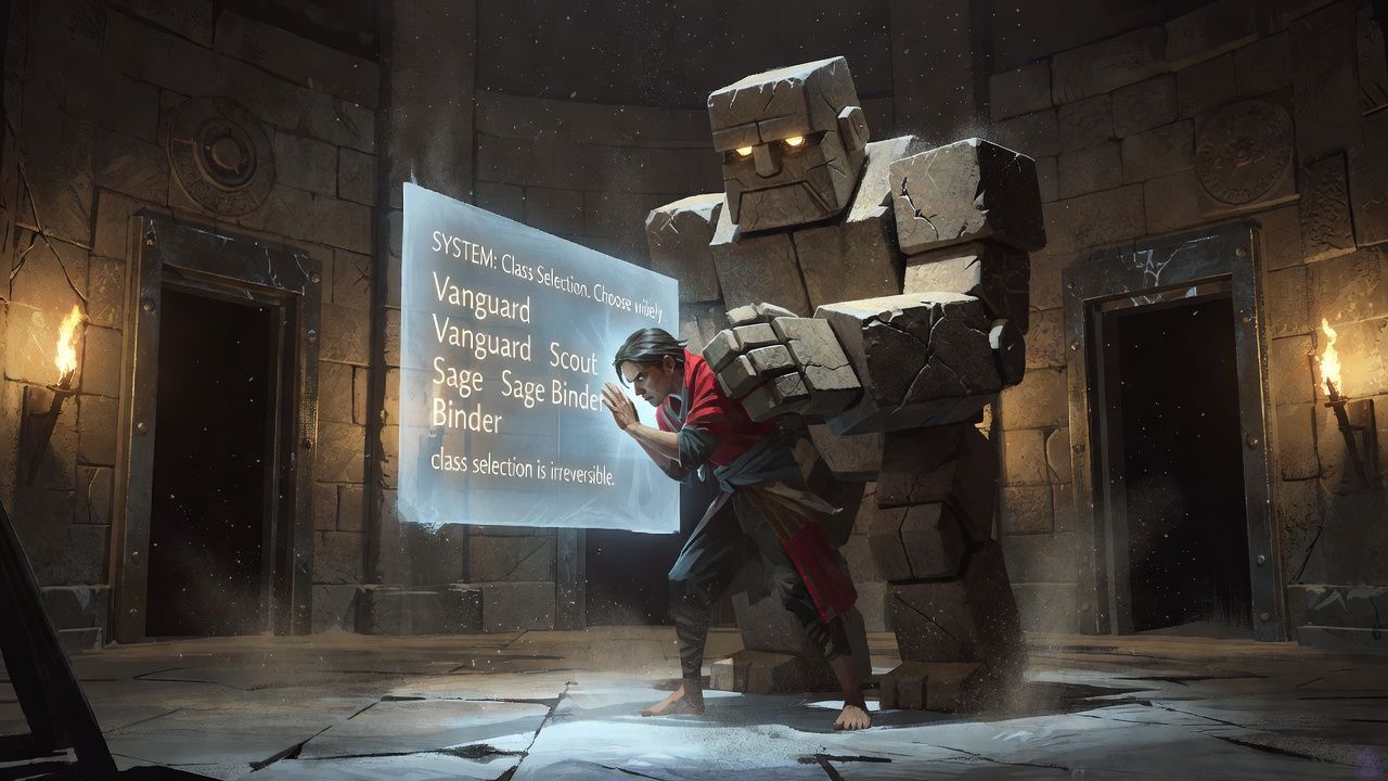 A dim stone dungeon chamber lit by pale blue holographic light from a translucent character creation screen floating in front of an amnesiac, bare-footed protagonist. The protagonist stands or kneels in focused concentration, face illuminated by the screen, with Brick, a broad stone golem with carved features, looming protectively nearby. The screen shows fantasy class options with glowing text, and a faint ominous System notification about irreversible class selection. Mood is tense, quiet, and intimate with a sense of impending danger. Cold damp walls, scattered dust, subtle drip marks, and three dark exits in the background. Brick's posture is watchful and guarded, while the protagonist looks determined and uncertain. Cinematic composition, soft blue-white glow against gray stone, high detail, atmospheric shadows.