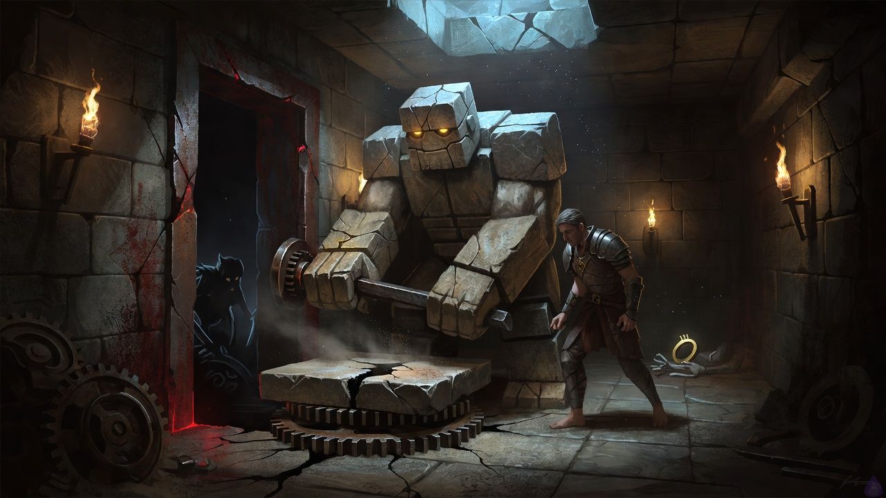 A tense fantasy dungeon chamber with cold stone walls, broken rubble, and a half-open iron floor mechanism in the center. Brick, a broad stone golem with dusted shoulders and a carved, weathered face, strains with both hands on a heavy iron lever beside a square stone slab that has lowered slightly, revealing a narrow seam of black darkness beneath. The protagonist stands close by in a braced Vanguard stance, bare feet on gritty stone, ready to protect the opening. Pale blue system light and a faint shaft of weak light from a cracked ceiling illuminate drifting dust in the air. The mood is suspenseful and claustrophobic, with ancient machinery, rust, and old ash in the atmosphere. In the deeper shadows beyond the breach, a hostile shape is only partly visible, suggesting danger just out of sight. The Warden is not visible, only implied by the ominous system glow. Cinematic fantasy, high detail, moody lighting, tense body language, underground ruin setting.